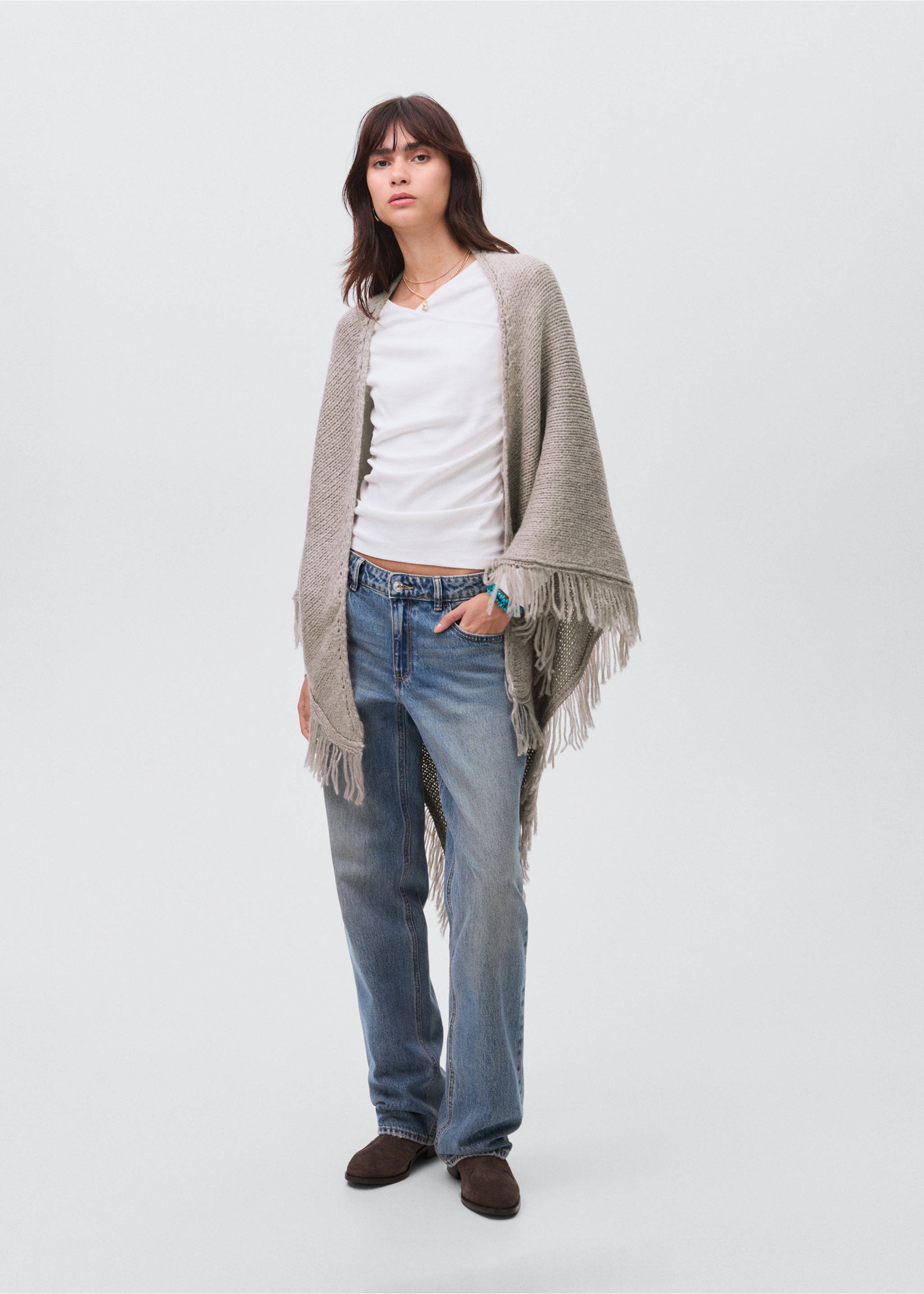 Knitted poncho with tassels - General plane, Light/Pastel Grey. Ref: 17098276-00.