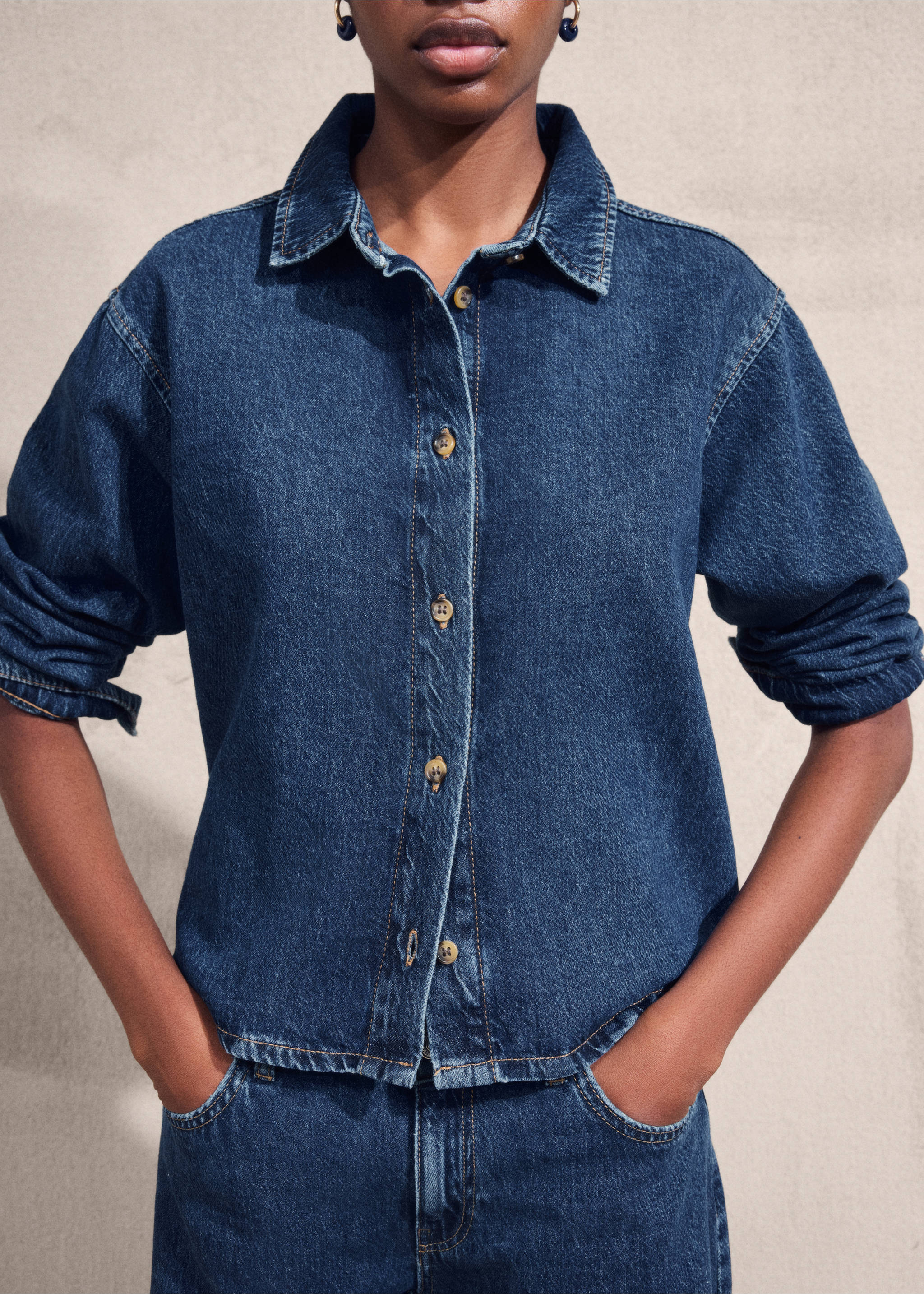 Denim cotton shirt - Details of the article 7, Dark Blue. Ref: 17098286-00.