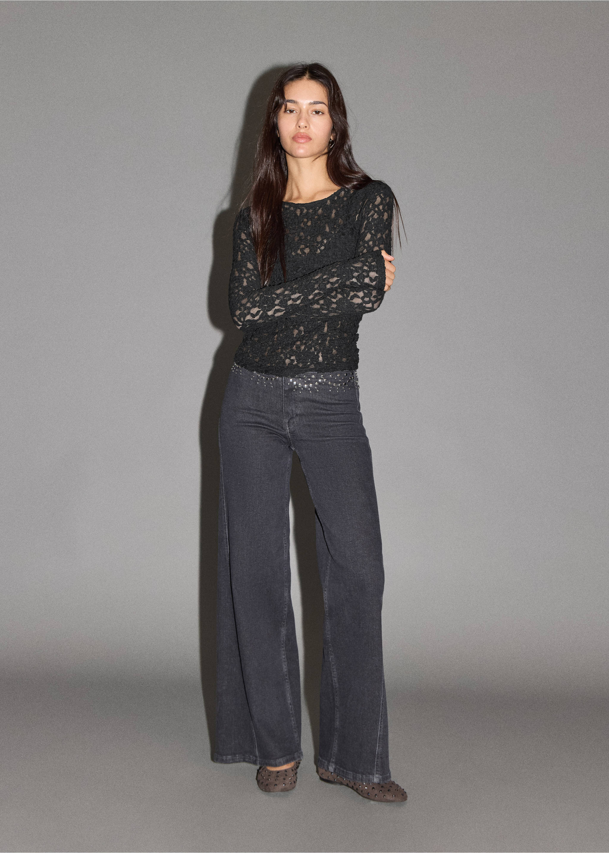 Long sleeve lace T-shirt - General plane, Black. Ref: 17098287-00.