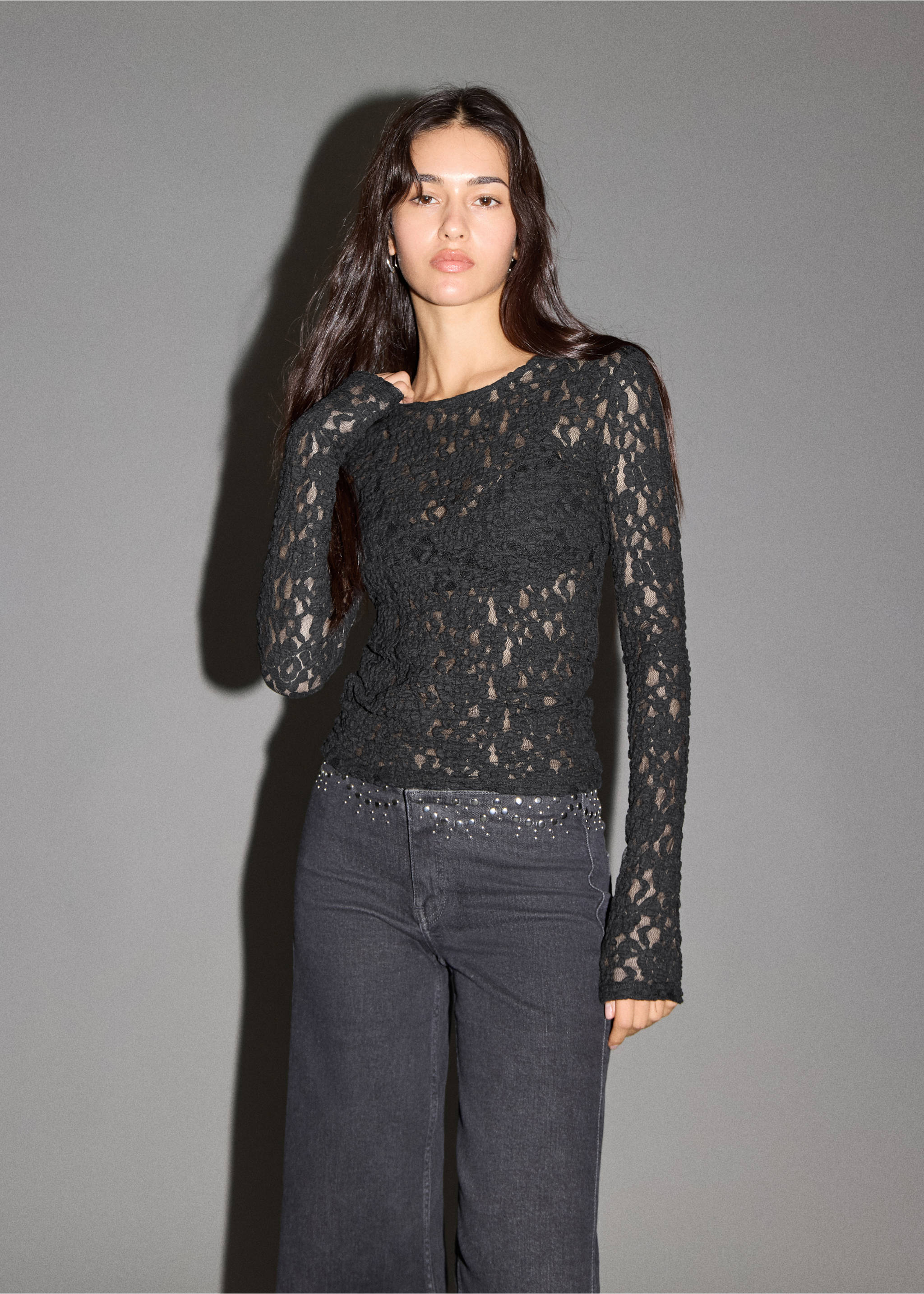 Long sleeve lace T-shirt - Medium plane, Black. Ref: 17098287-00.