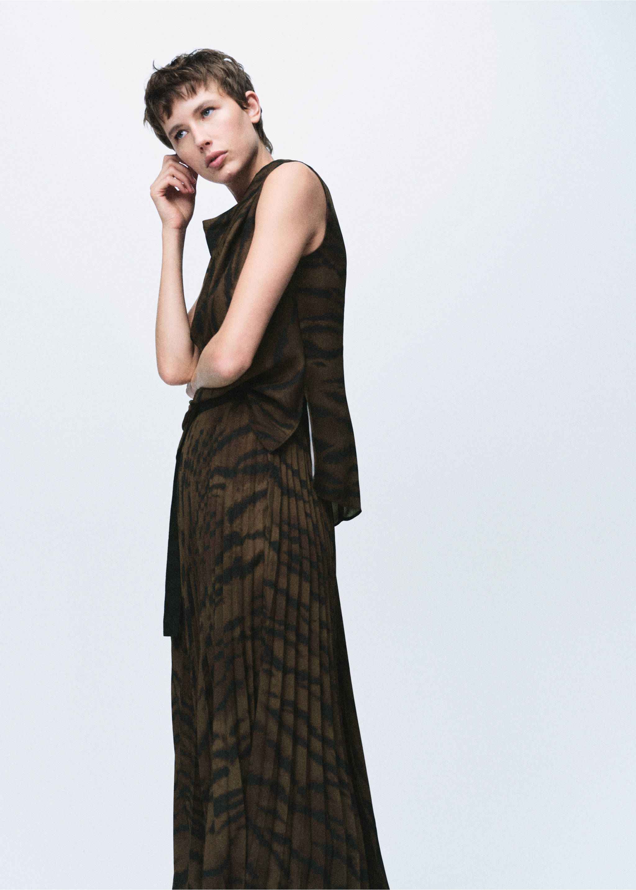 Animal-print blouse with draped collar - Medium plane, Brown. Ref: 17098290-00.