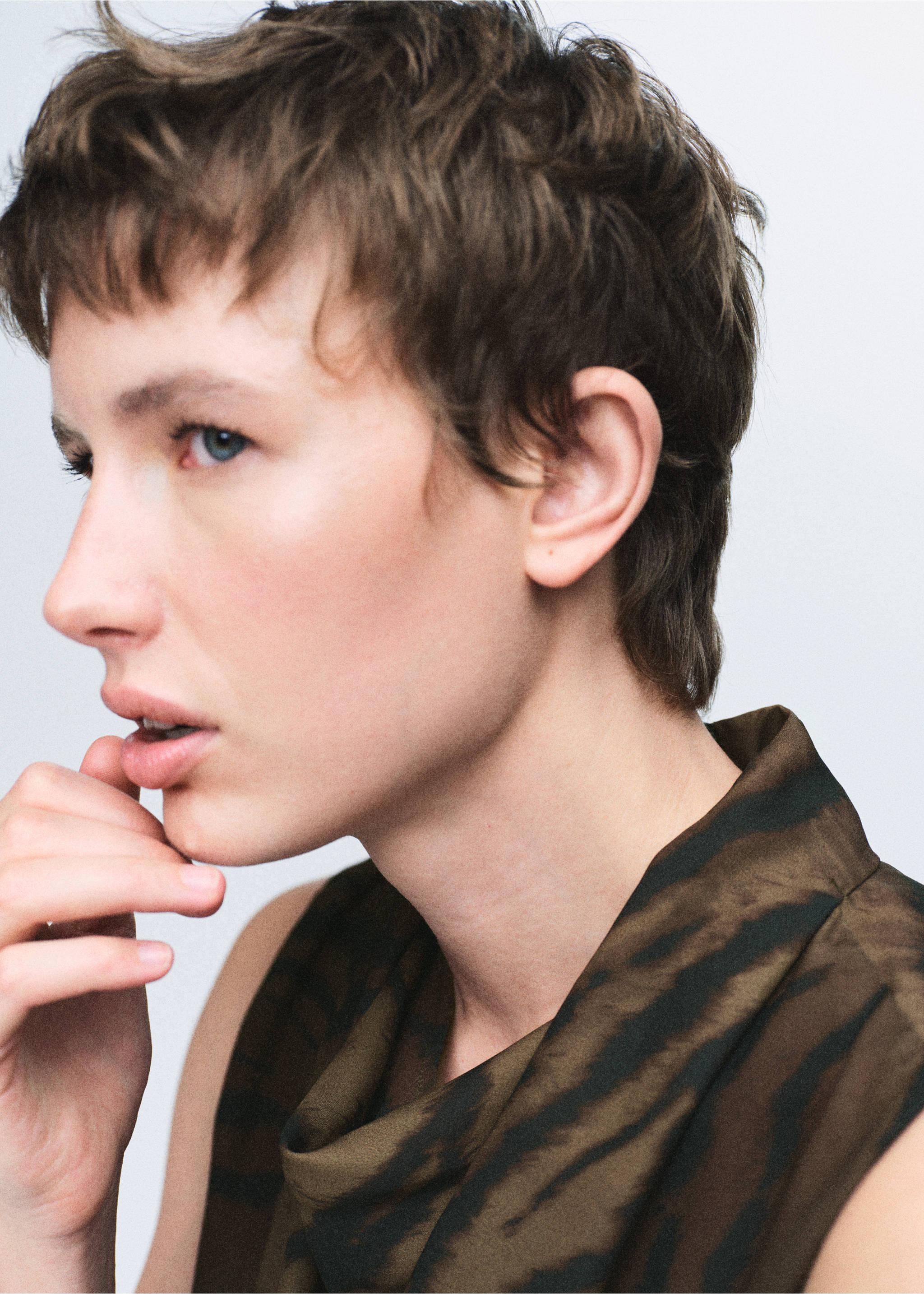 Animal-print blouse with draped collar - Details of the article 1, Brown. Ref: 17098290-00.