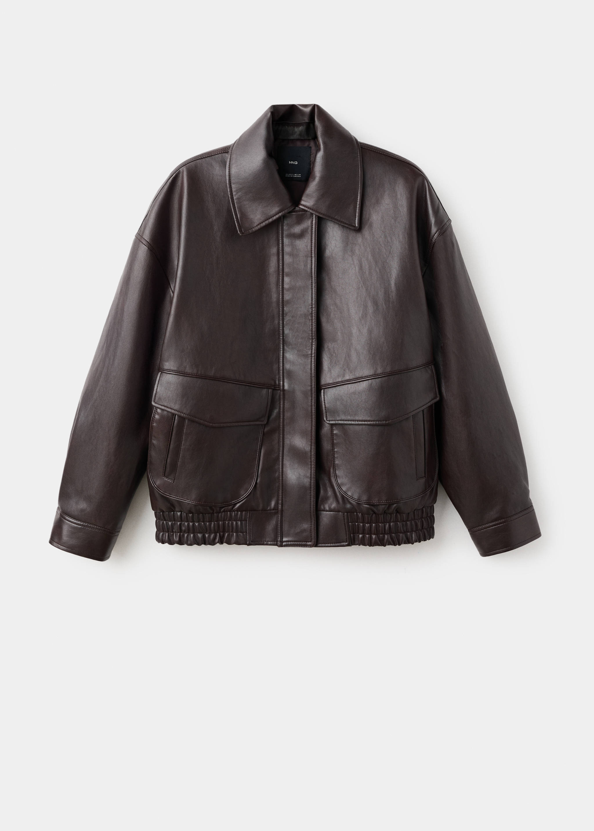 Dark brown faux-leather jacket with an oversized fit, shirt collar, and front flap pockets.