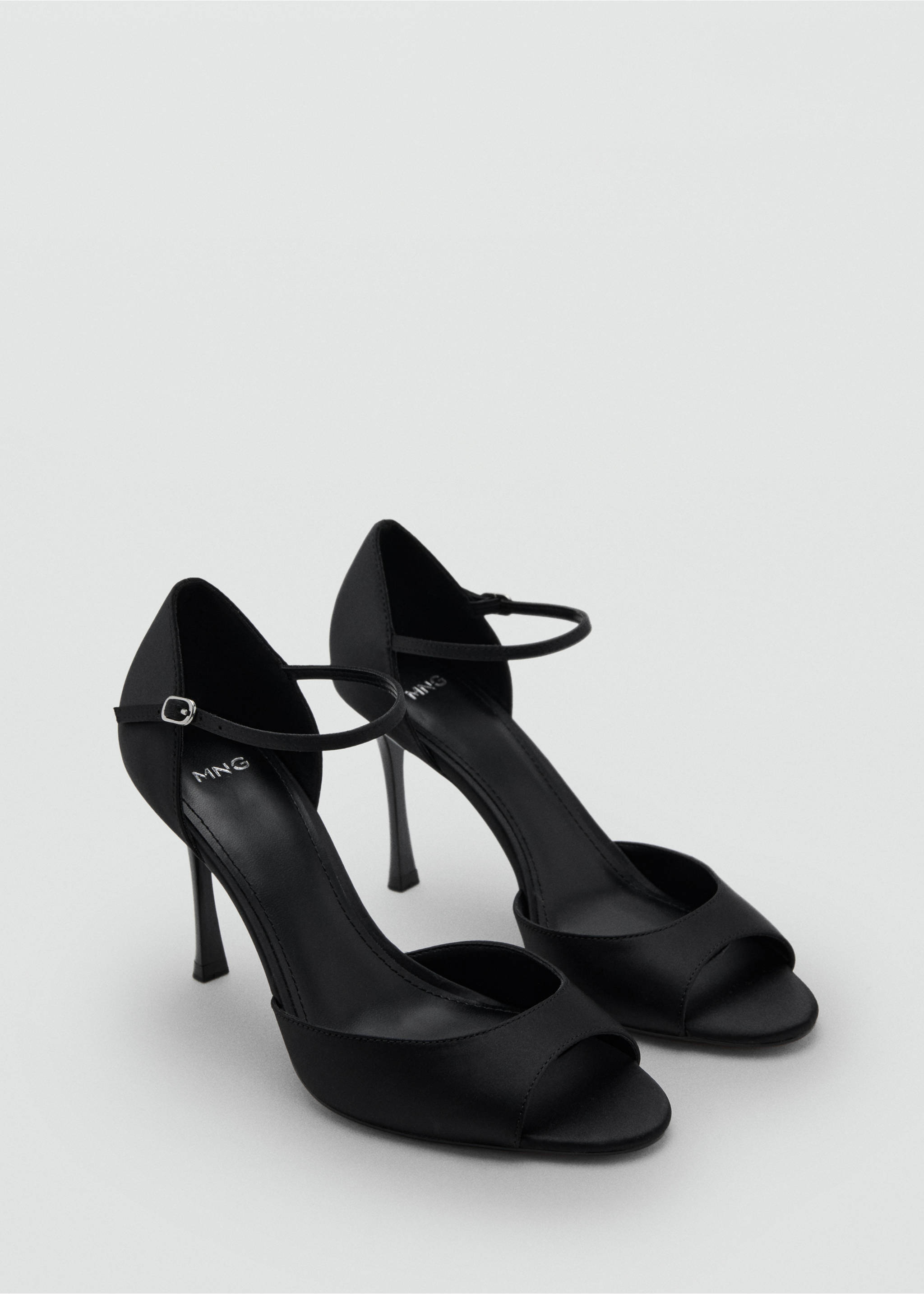 Pair of black satin heeled sandals with ankle straps and stiletto heels., Black. Ref: 17099405-00.