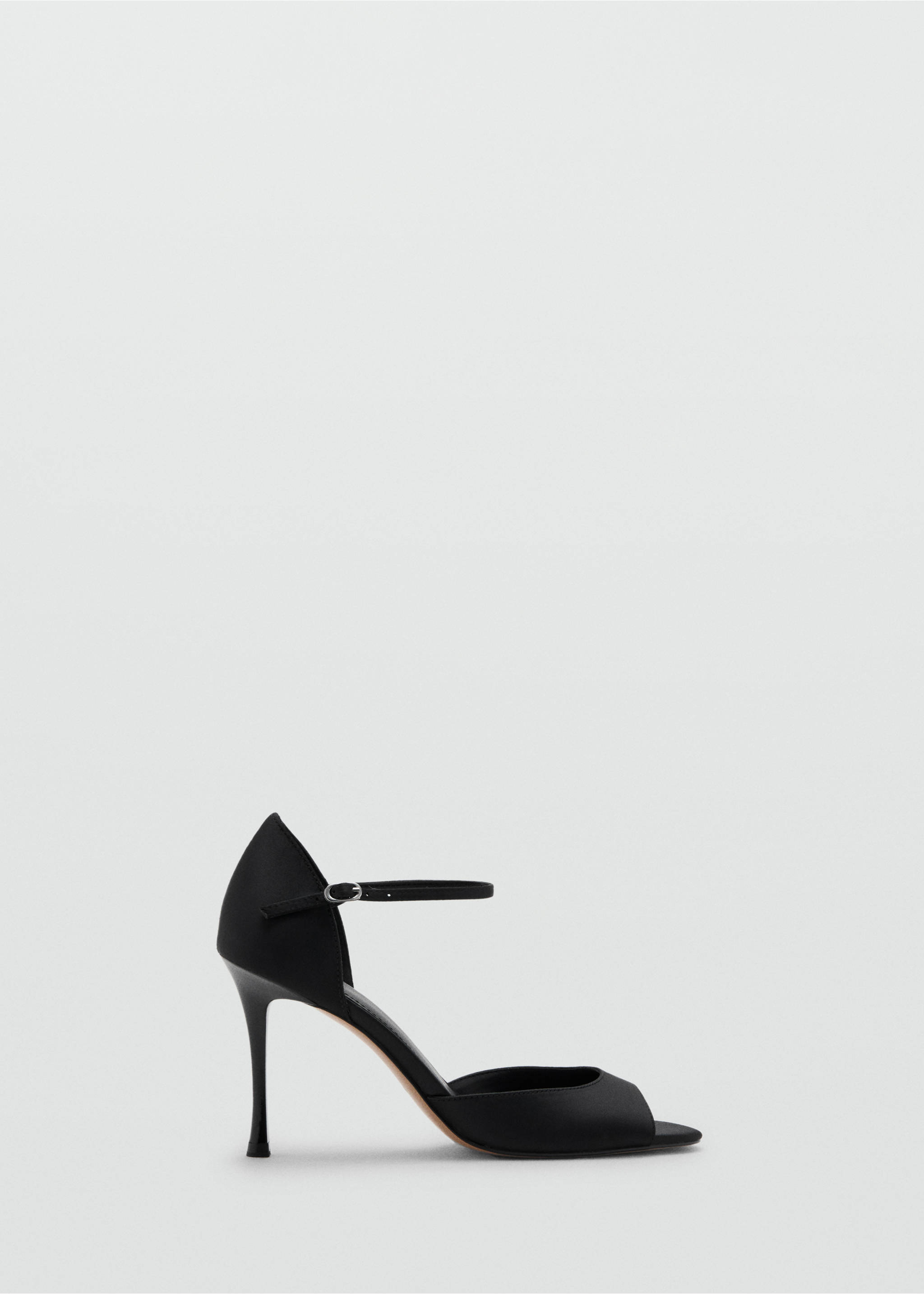 Black satin heeled sandal with an open toe and delicate ankle strap., Black. Ref: 17099405-00.