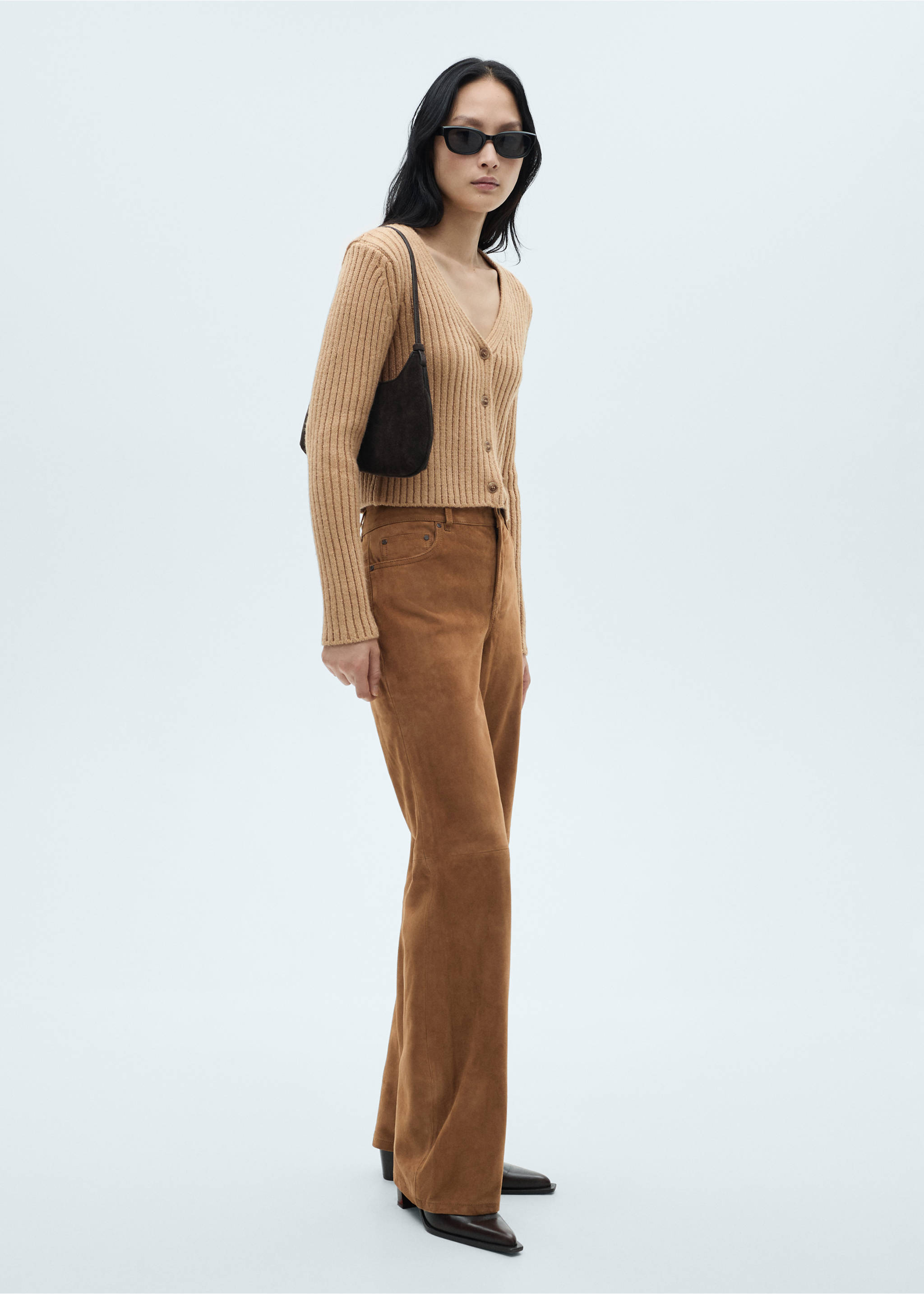 V-neck ribbed cardigan - General plane, Medium Brown. Ref: 17179060-00.