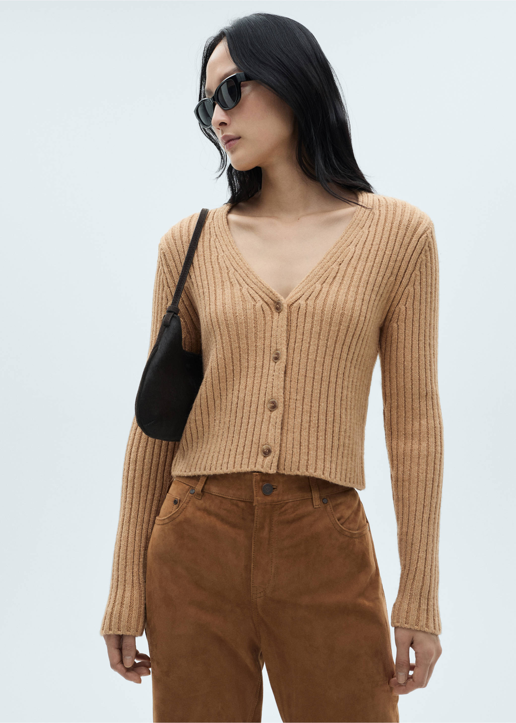 V-neck ribbed cardigan - Medium plane, Medium Brown. Ref: 17179060-00.