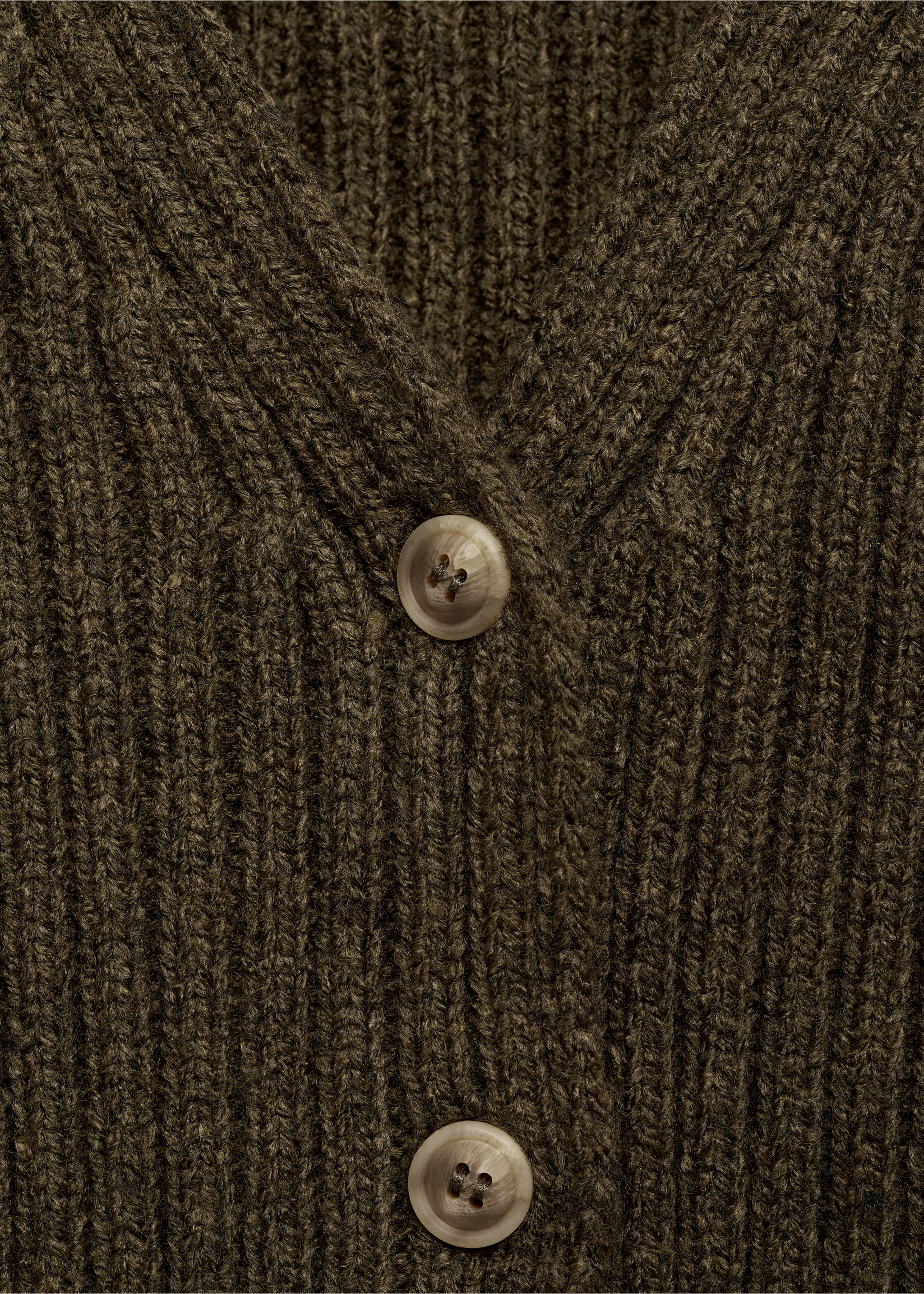 V-neck ribbed cardigan - Details of the article 8, Khaki. Ref: 17179060-00.