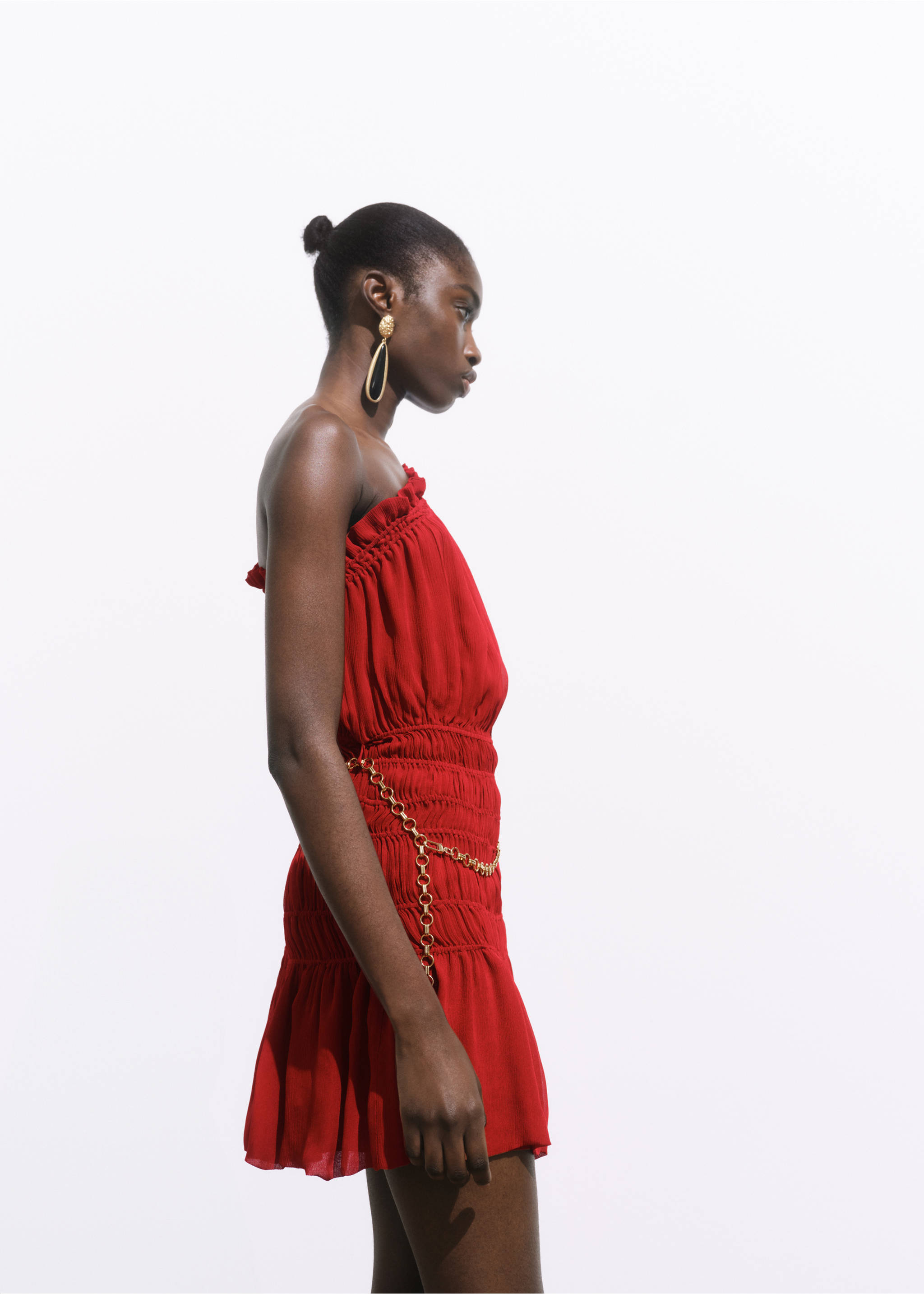 Asymmetrical gathered dress with belt - Details of the article 1, Wine. Ref: 17971279-00.