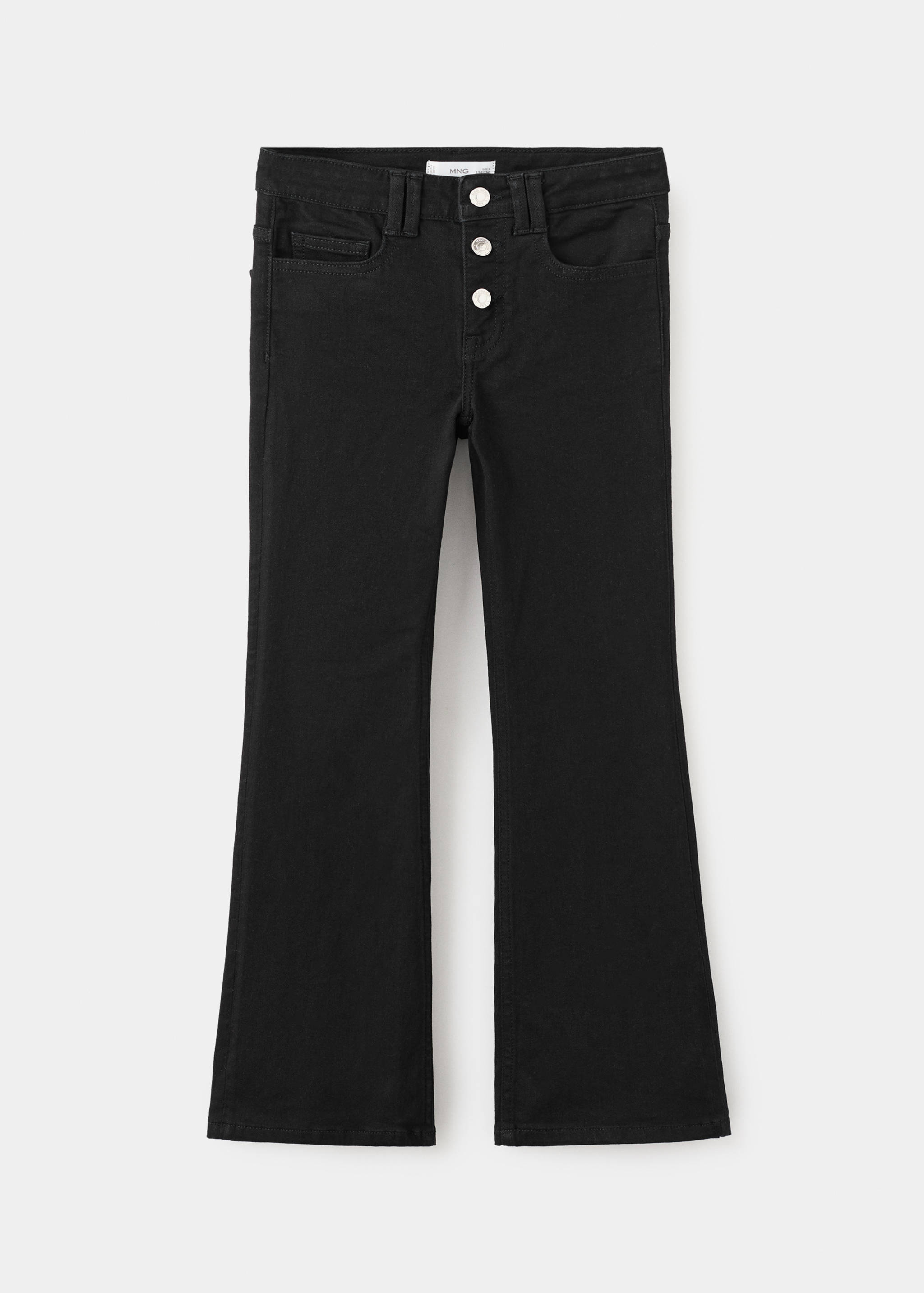 Black flare denim trousers with a four-button fly fastening.