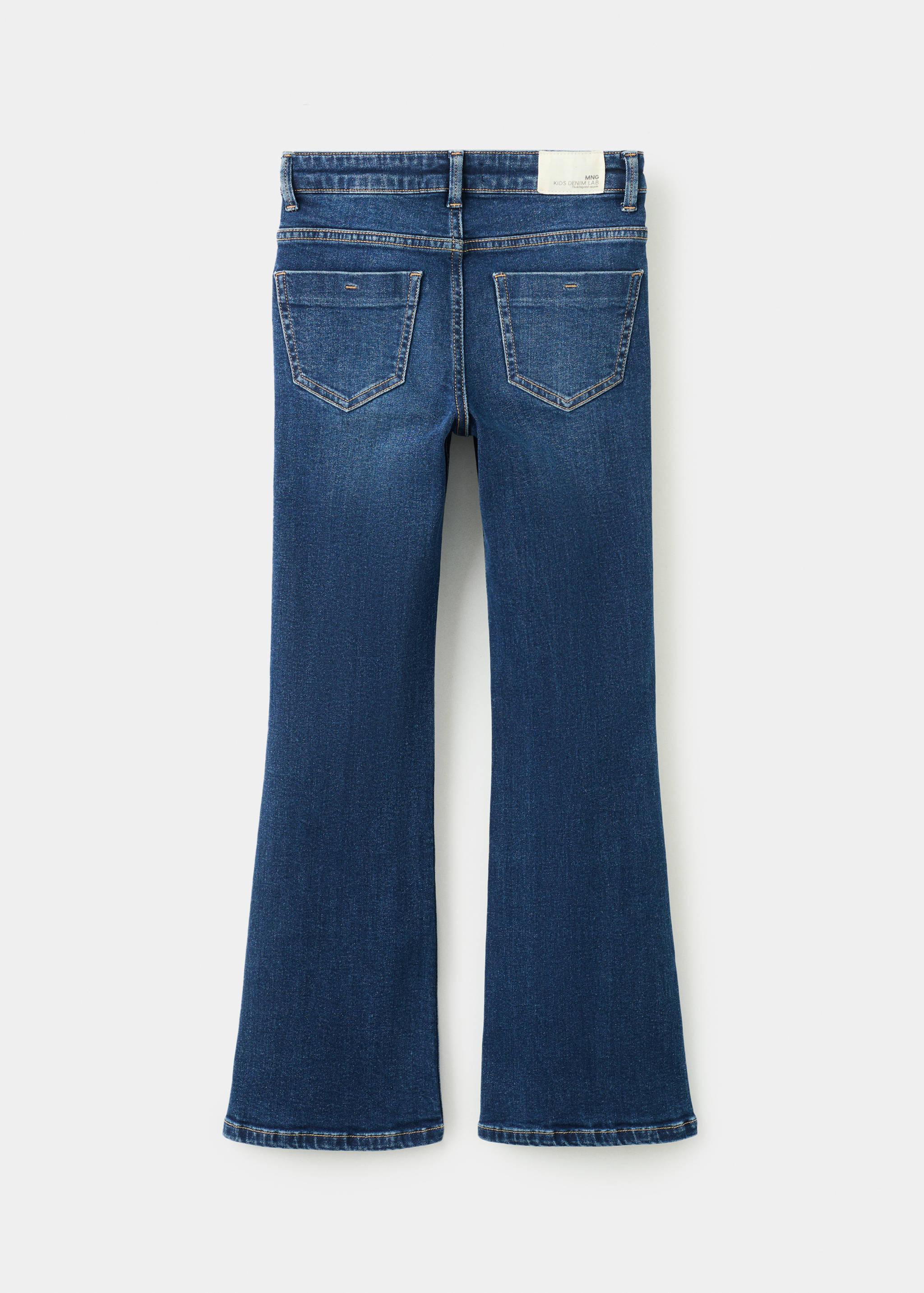 Dark blue denim flare trousers, back view.