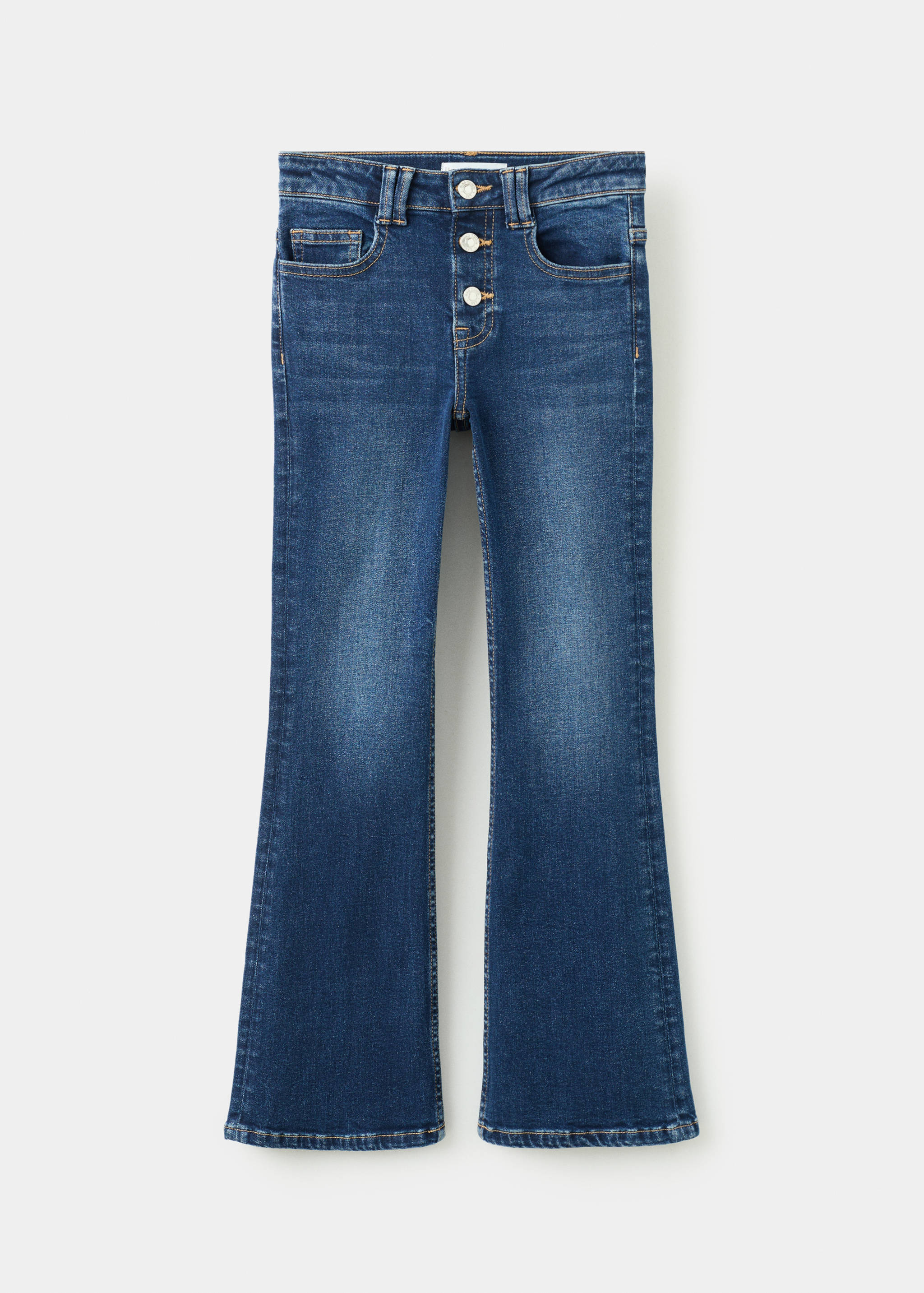 Dark blue flare denim trousers for kids with a button fly.