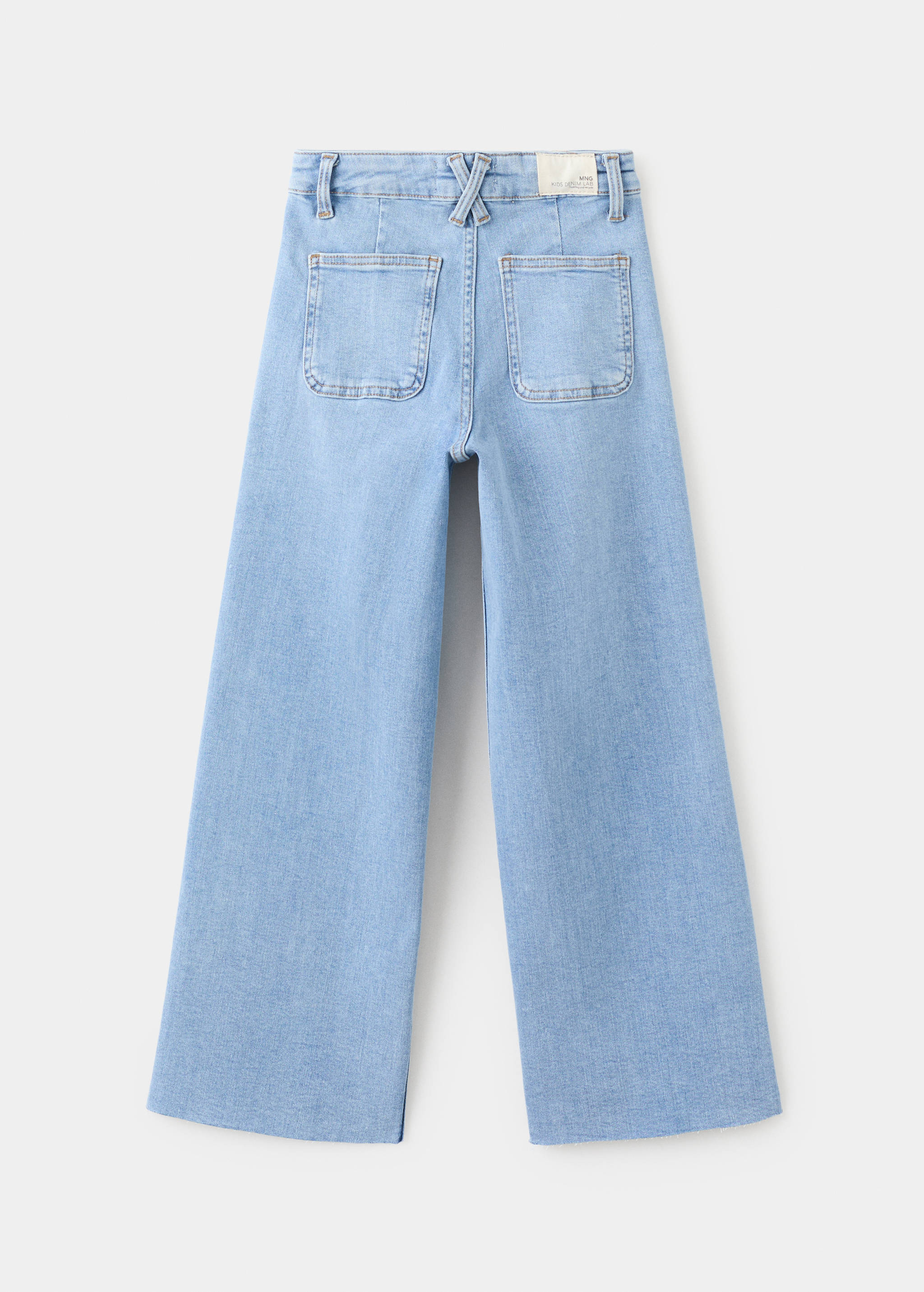 Light blue denim trousers shown from the back, featuring a wide-leg fit and patch pockets.