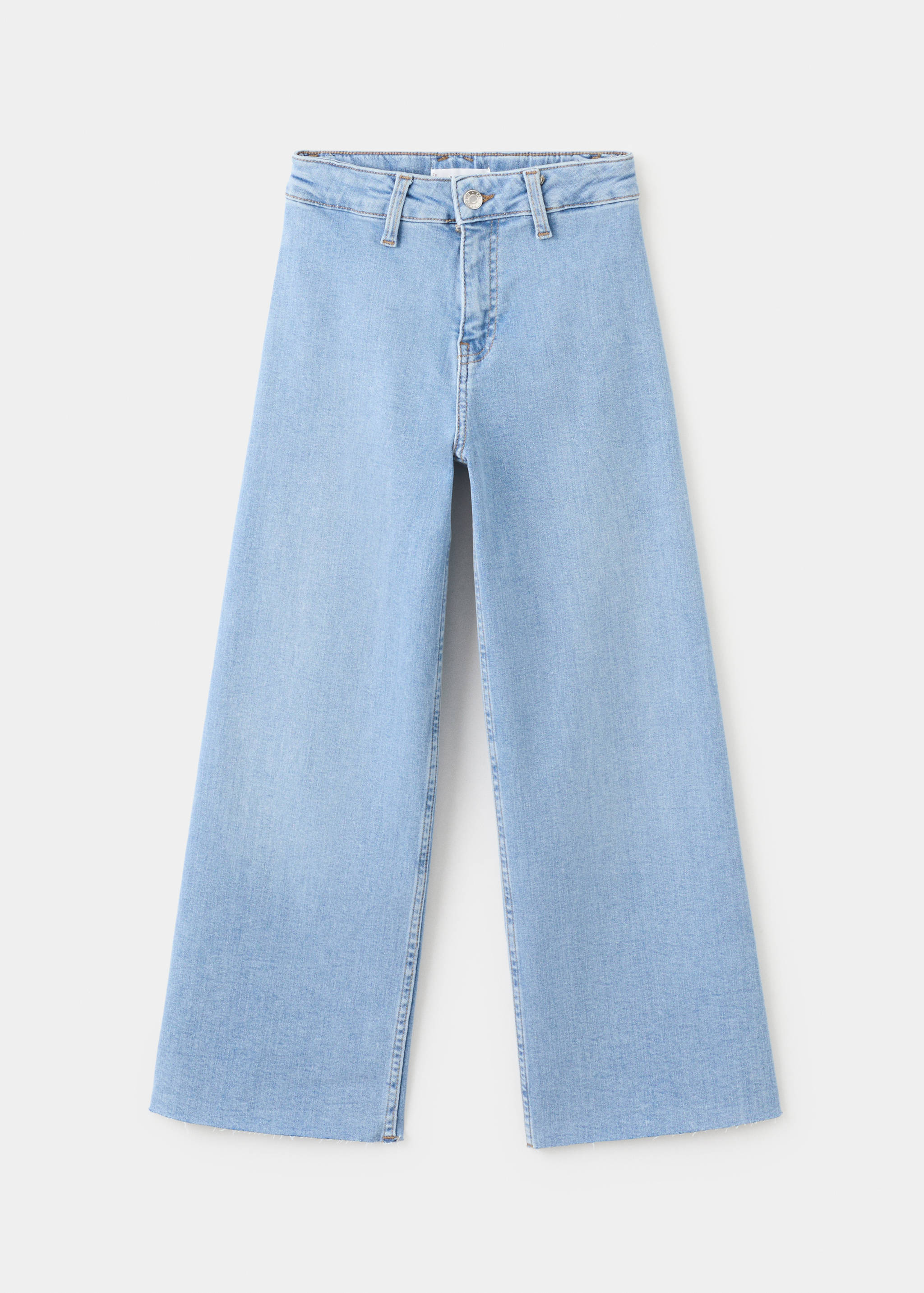 Light blue wide-leg denim trousers with a front button and zip fly.