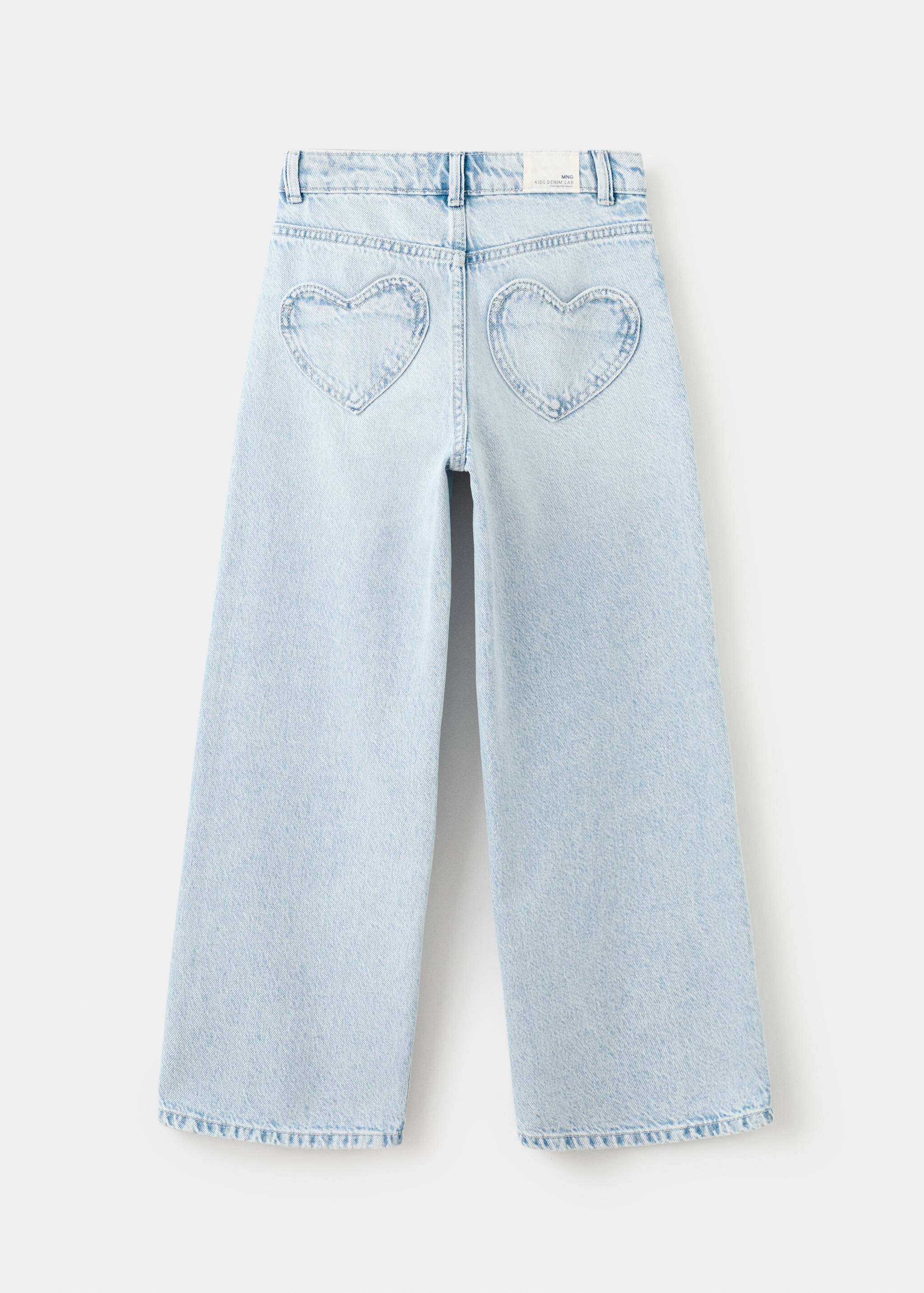Light blue denim trousers shown from the back, featuring heart-shaped pockets.