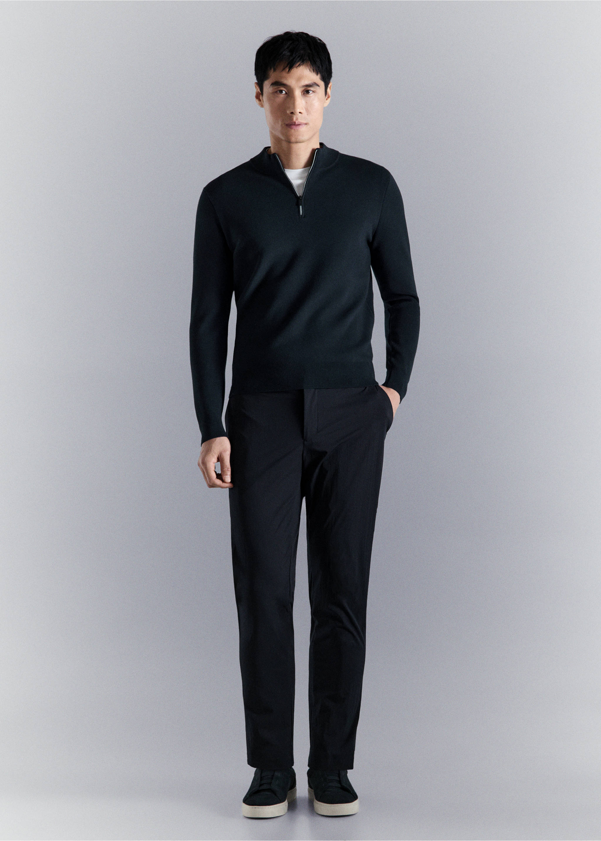 Pull confort extensible à zip - Plan général, Bleu marine. Ref: 27004430-00.