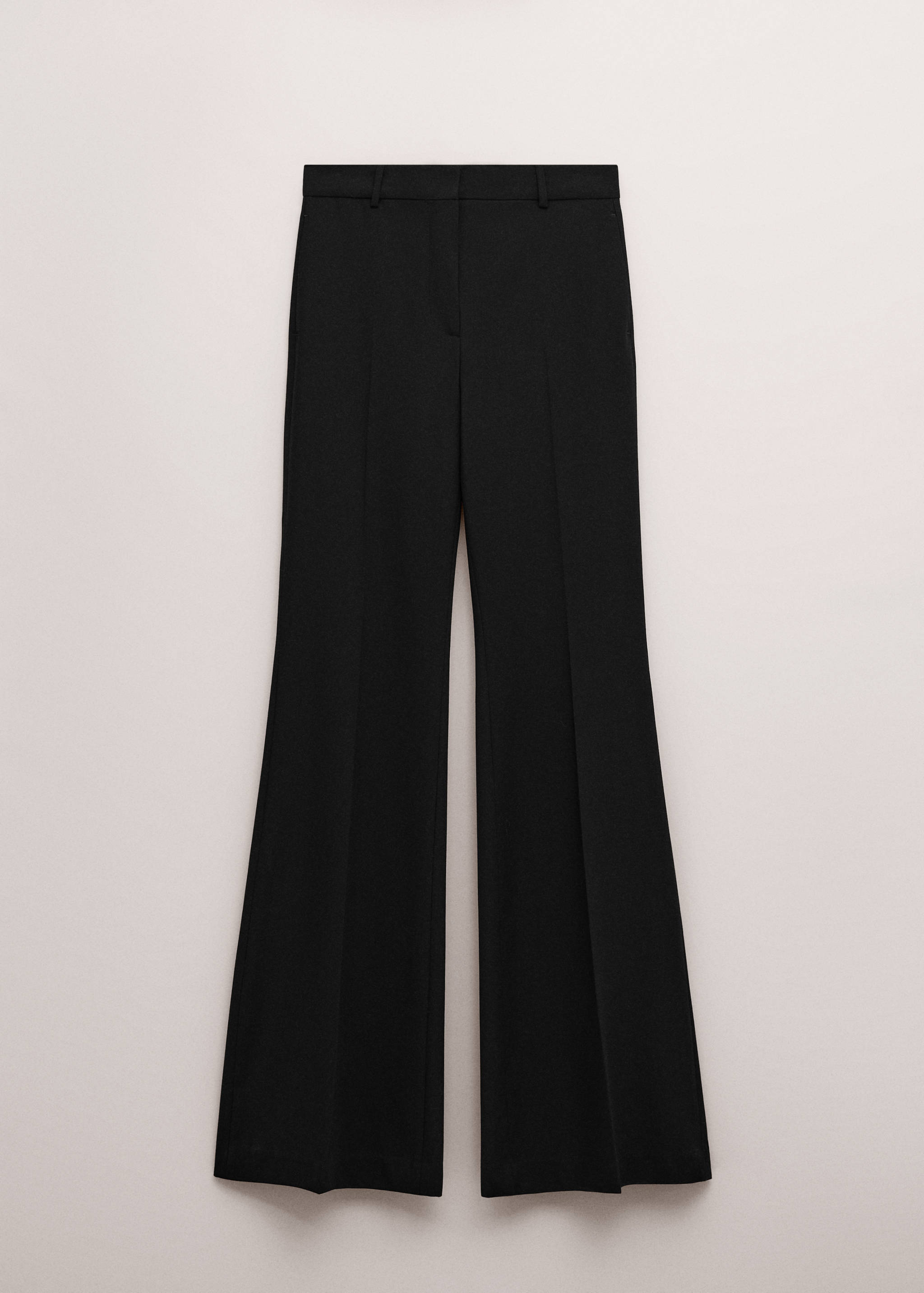 Black straight-leg trousers with center pleats.