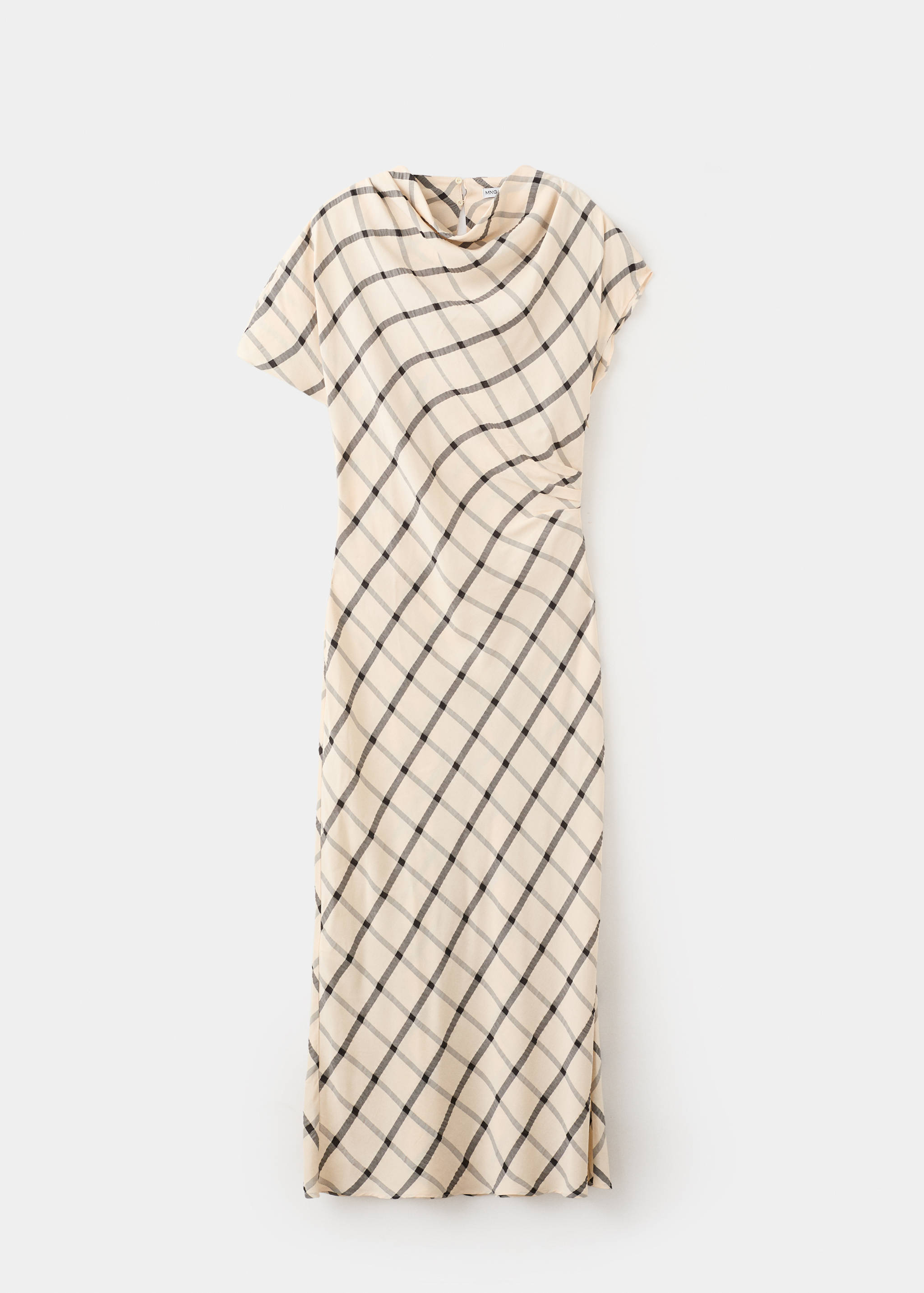Cream and black checked midi dress with a cowl neck and short sleeves.