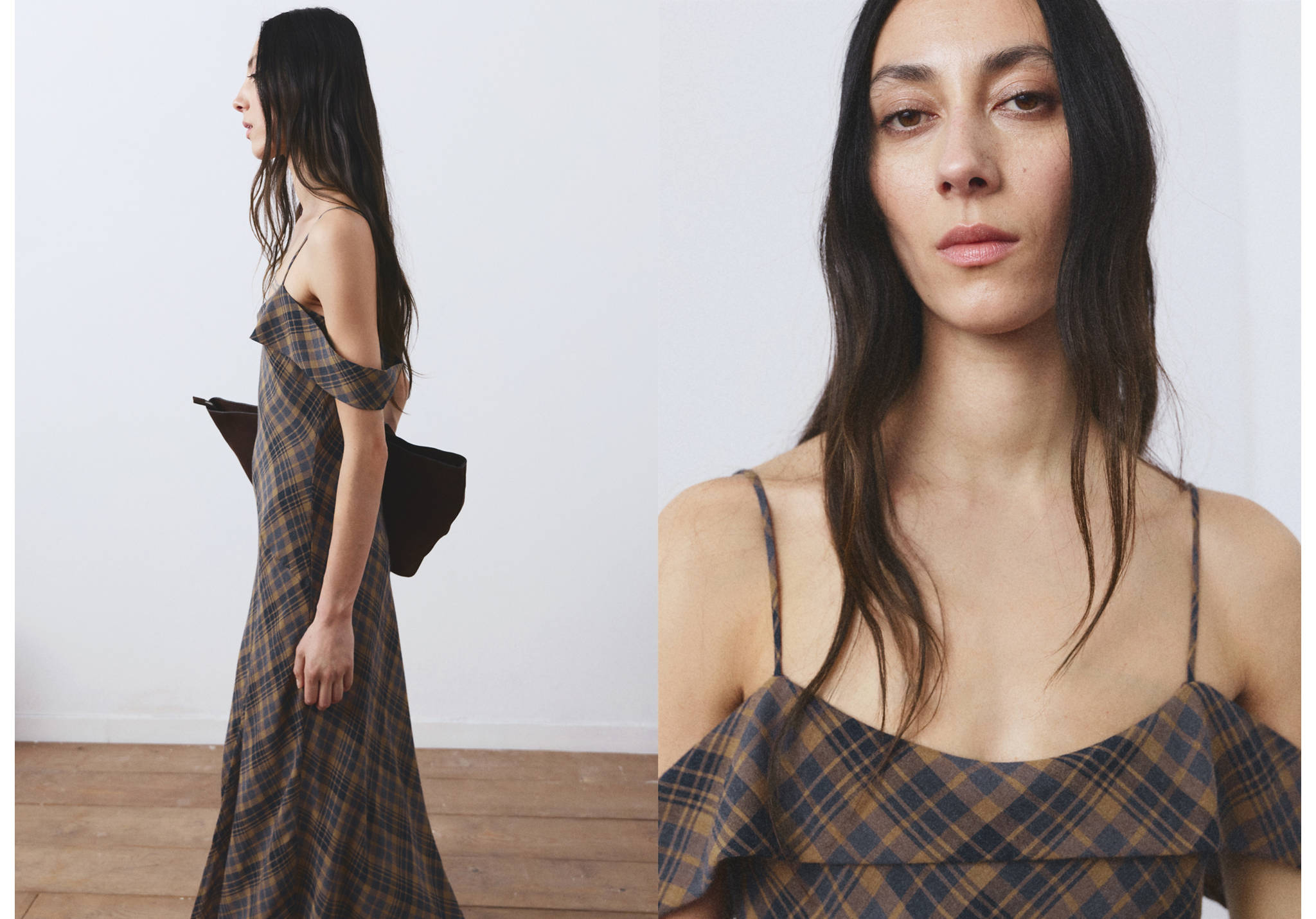 Brown and blue plaid midi dress with thin straps and a ruffled foldover neckline.