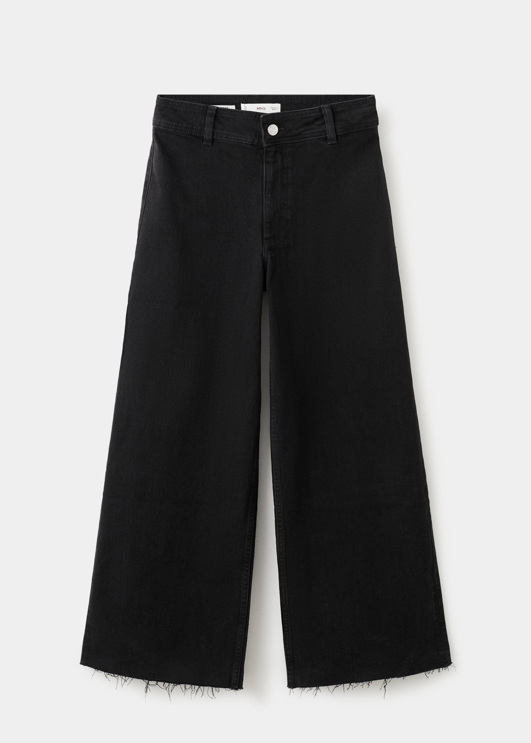 Black cropped wide-leg denim trousers with frayed hems.