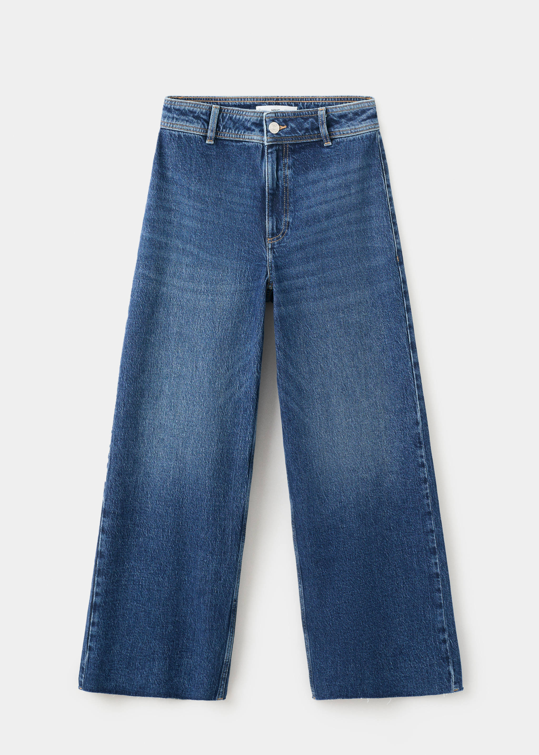 High-rise wide-leg blue denim trousers with a raw hem.
