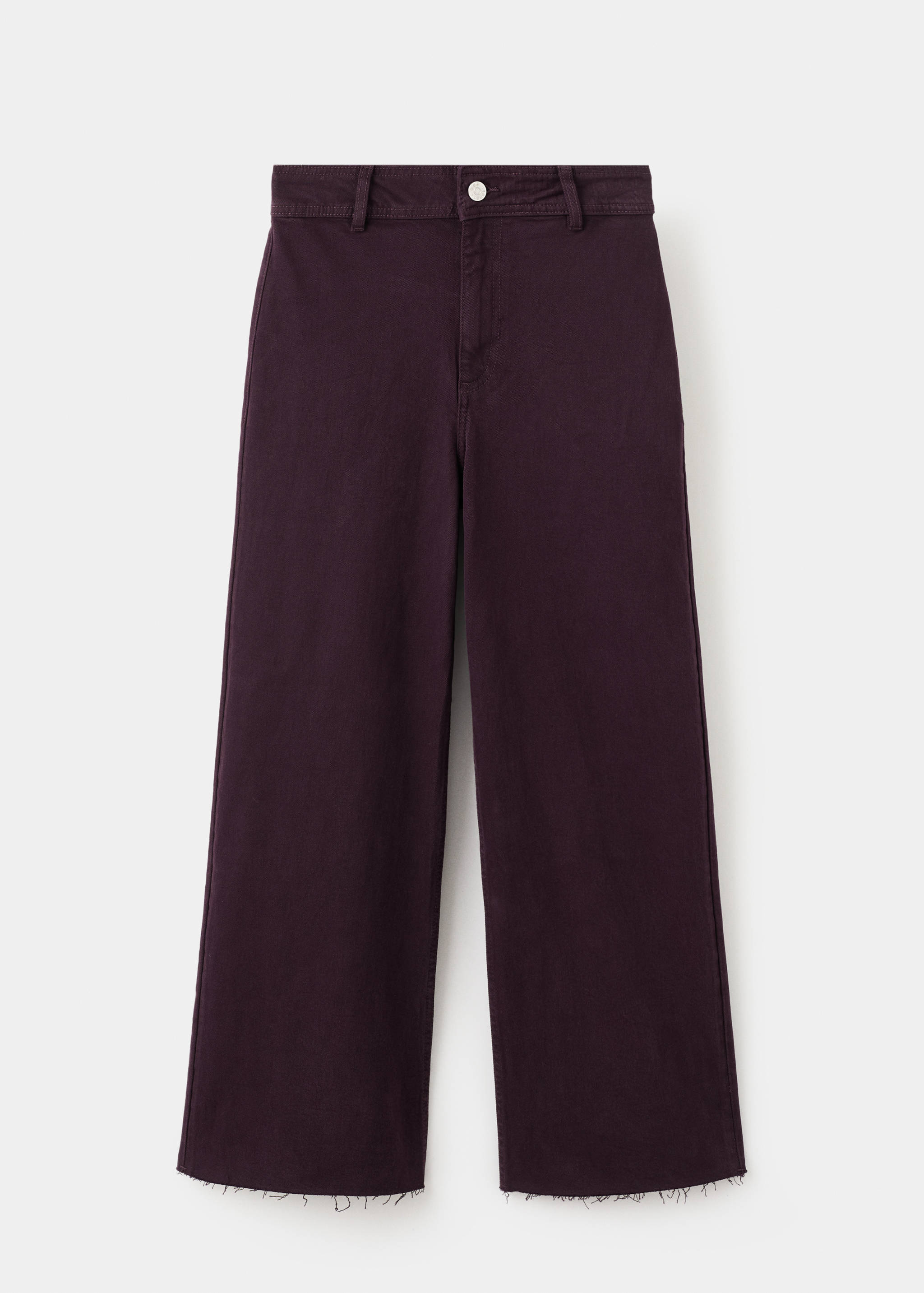 Dark plum-purple high-rise wide-leg denim trousers with raw hems in a still life.