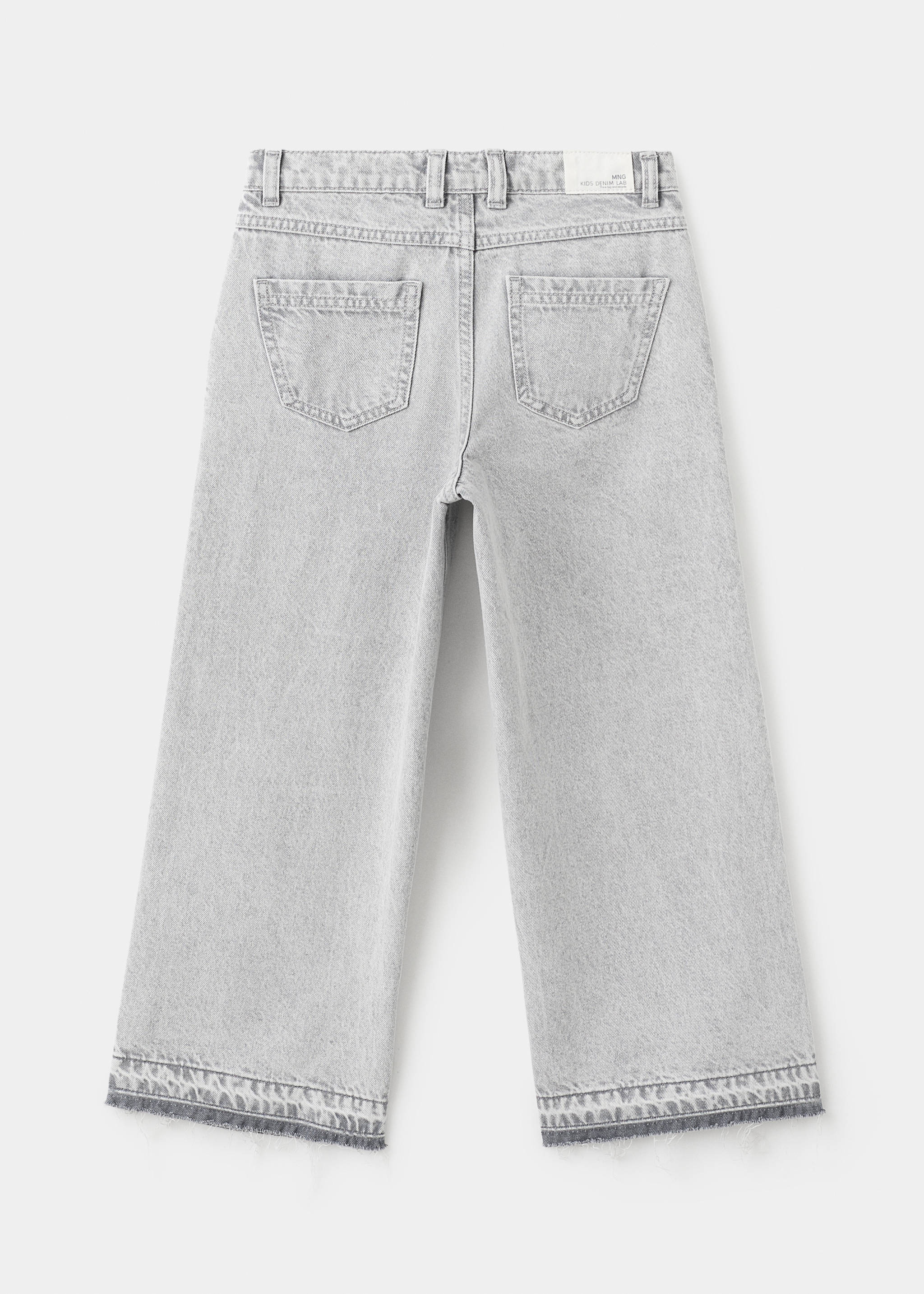 Light grey denim culotte trousers from the back, featuring wide legs and raw frayed hems.