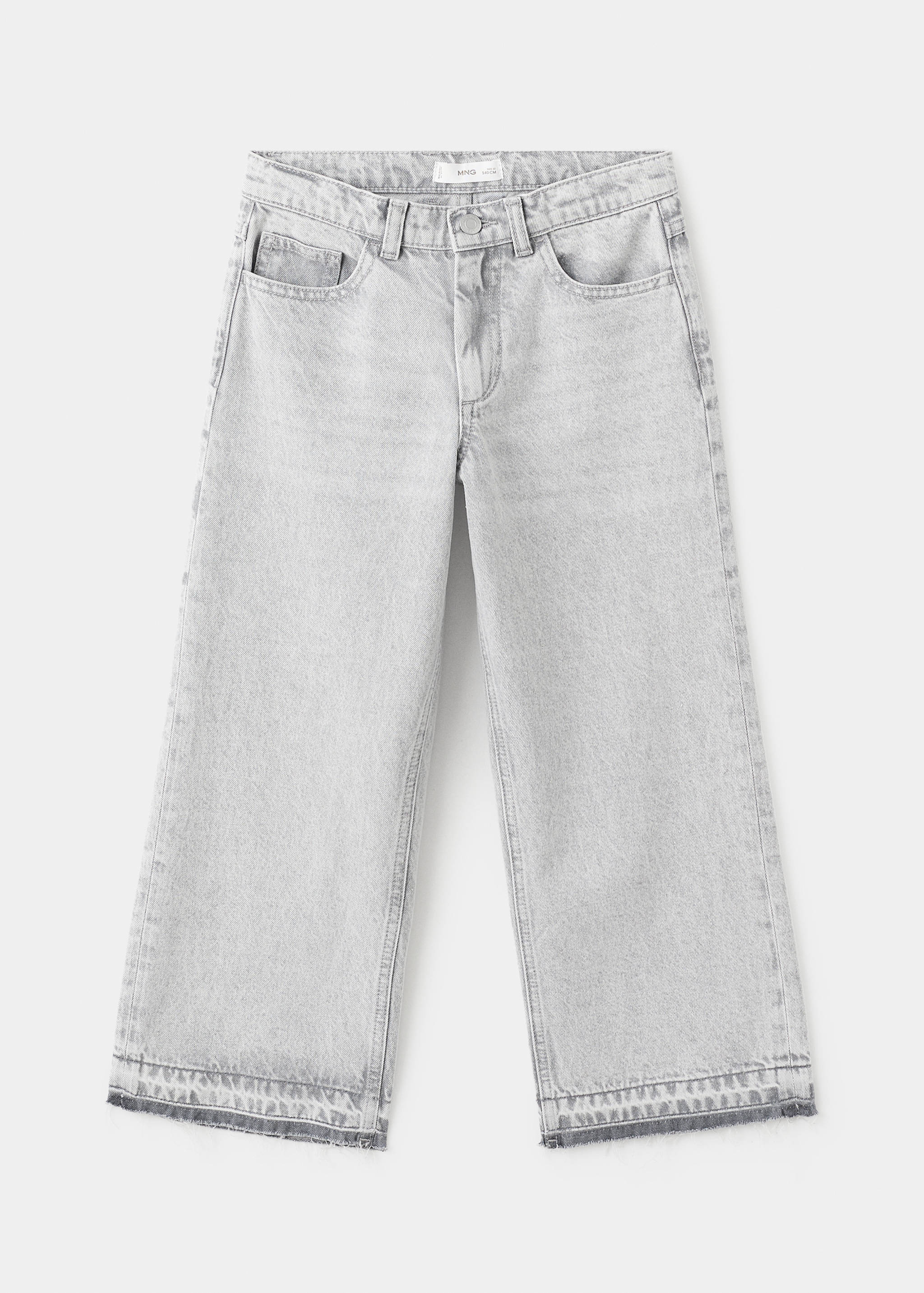 Light grey denim culotte trousers with wide legs and frayed hems.