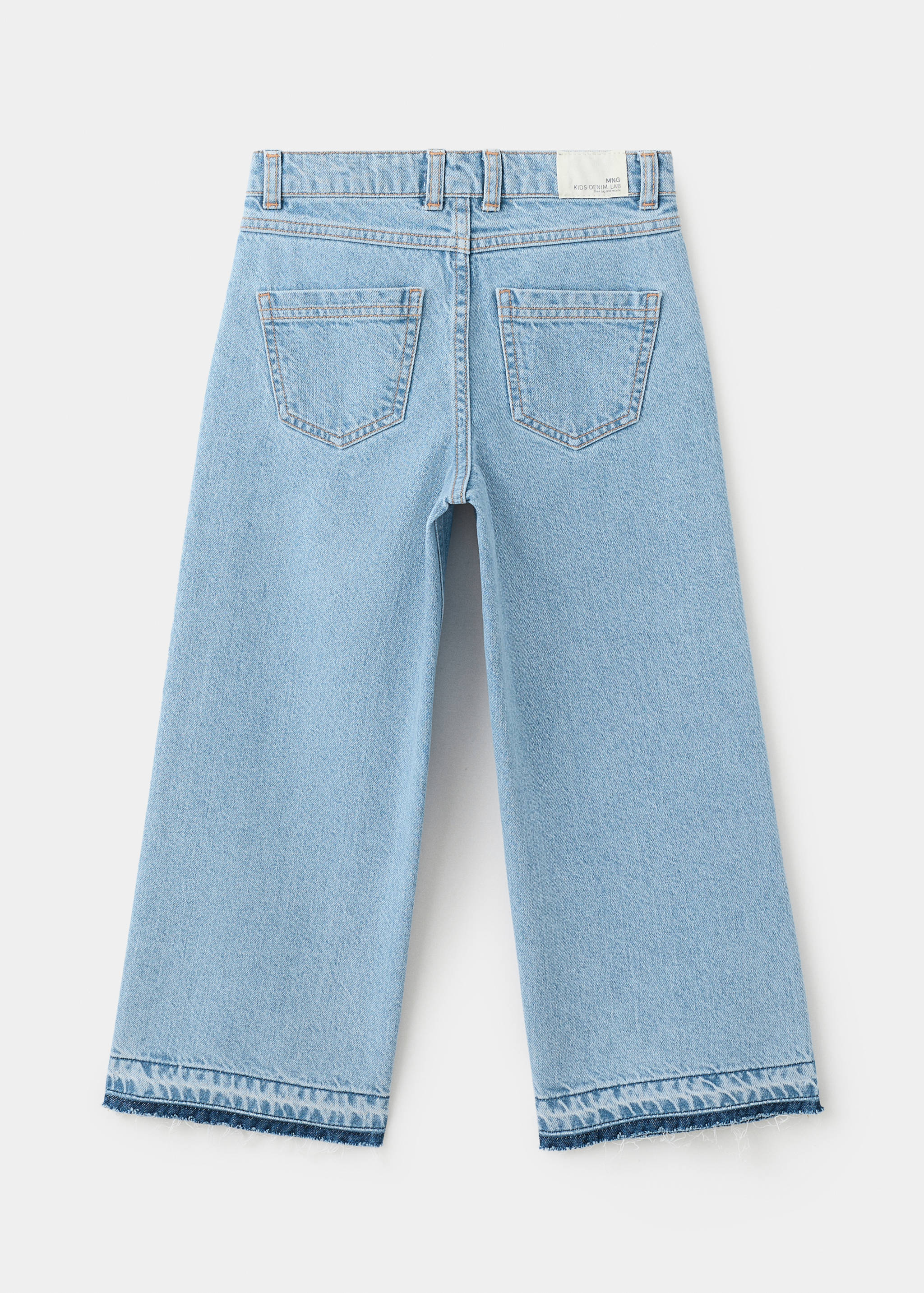 Light blue denim culottes, back view with patch pockets and frayed hems.