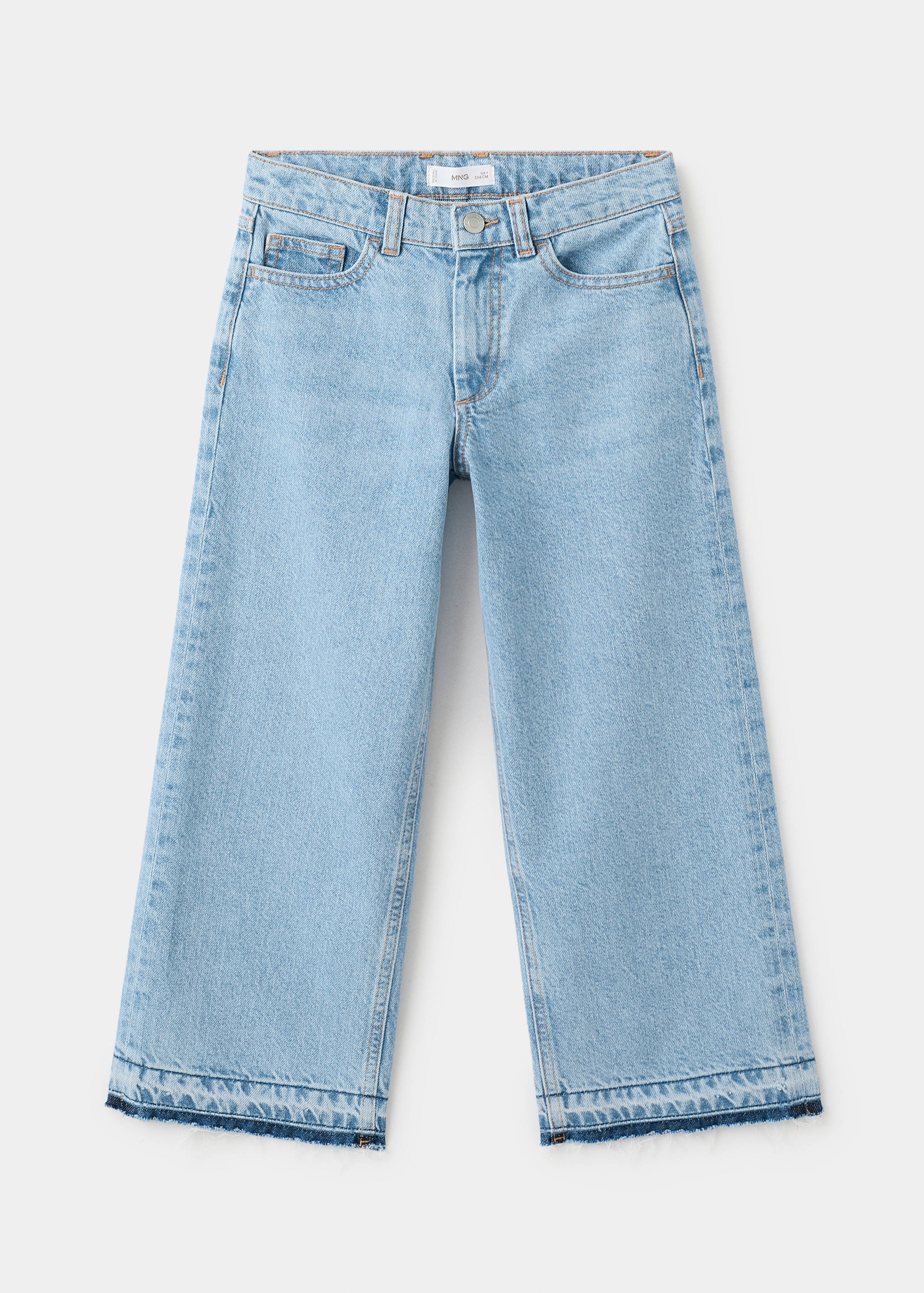 Light blue denim culotte trousers with wide cropped legs and frayed hems.