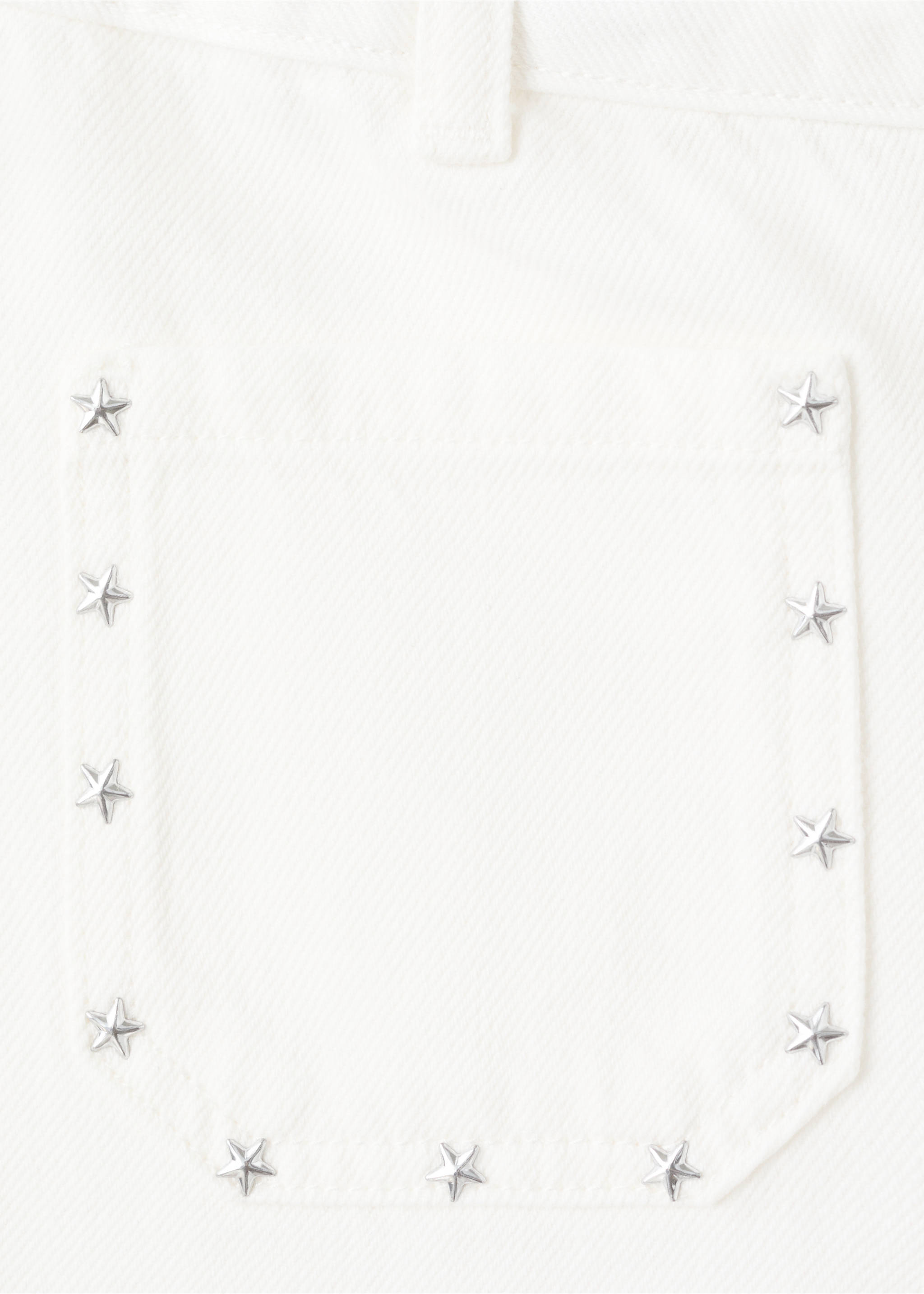 Close-up of white denim trousers pocket with metallic star studs, White. Ref: 27011263-00.