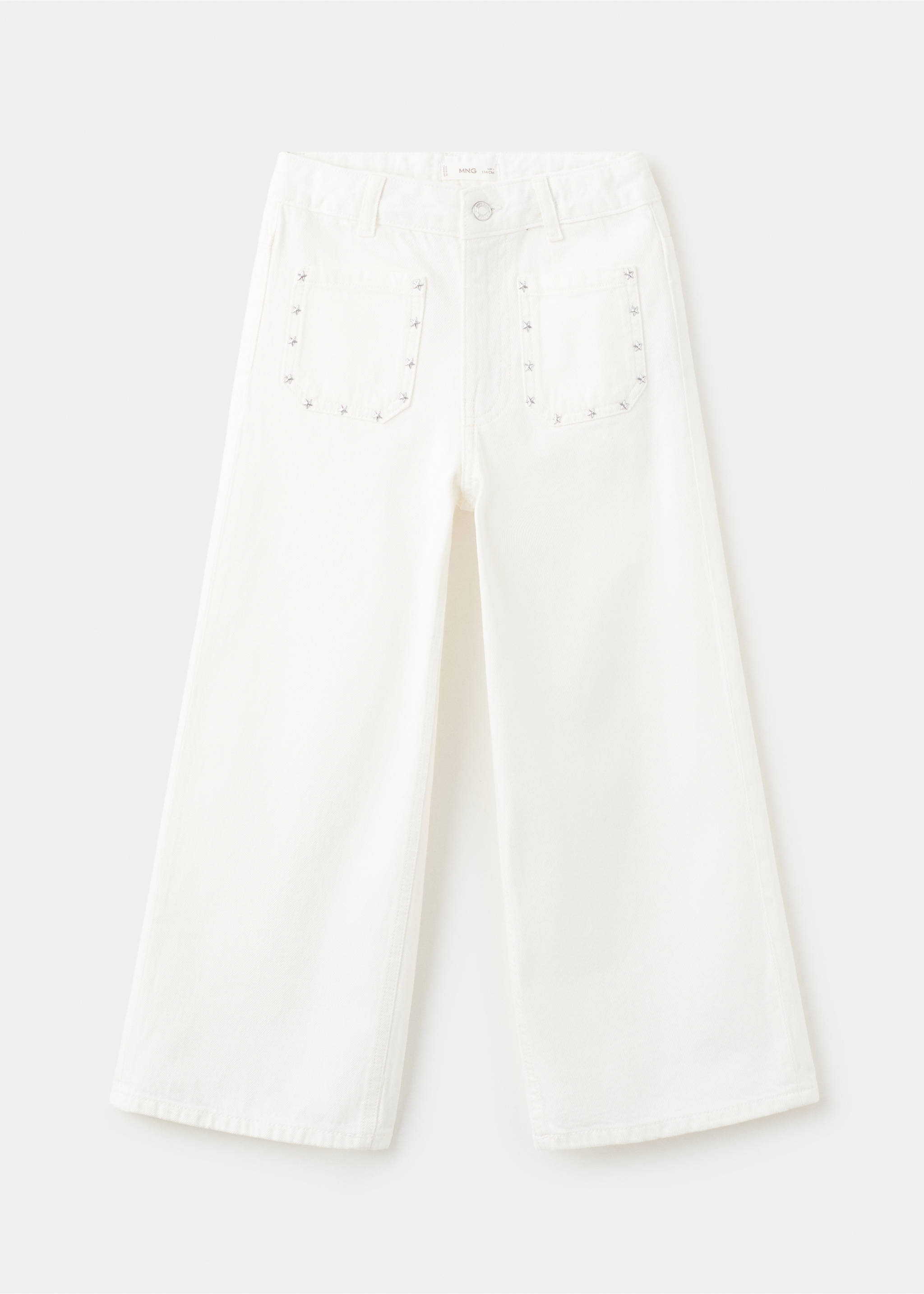 White denim culotte trousers featuring front patch pockets with star stud details., White. Ref: 27011263-00.