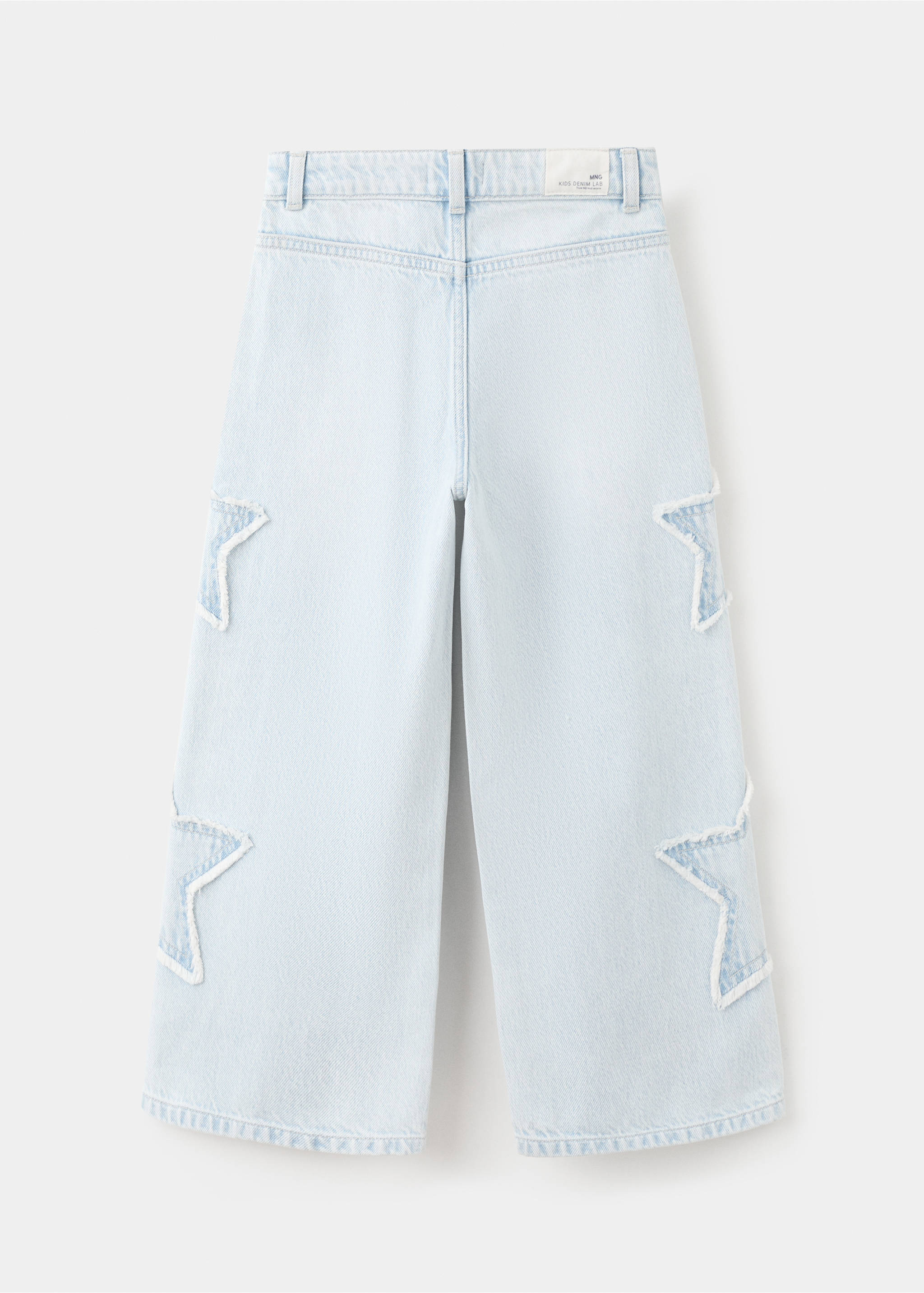 Back view of light blue denim trousers with frayed star appliques., Light Blue. Ref: 27011264-00.