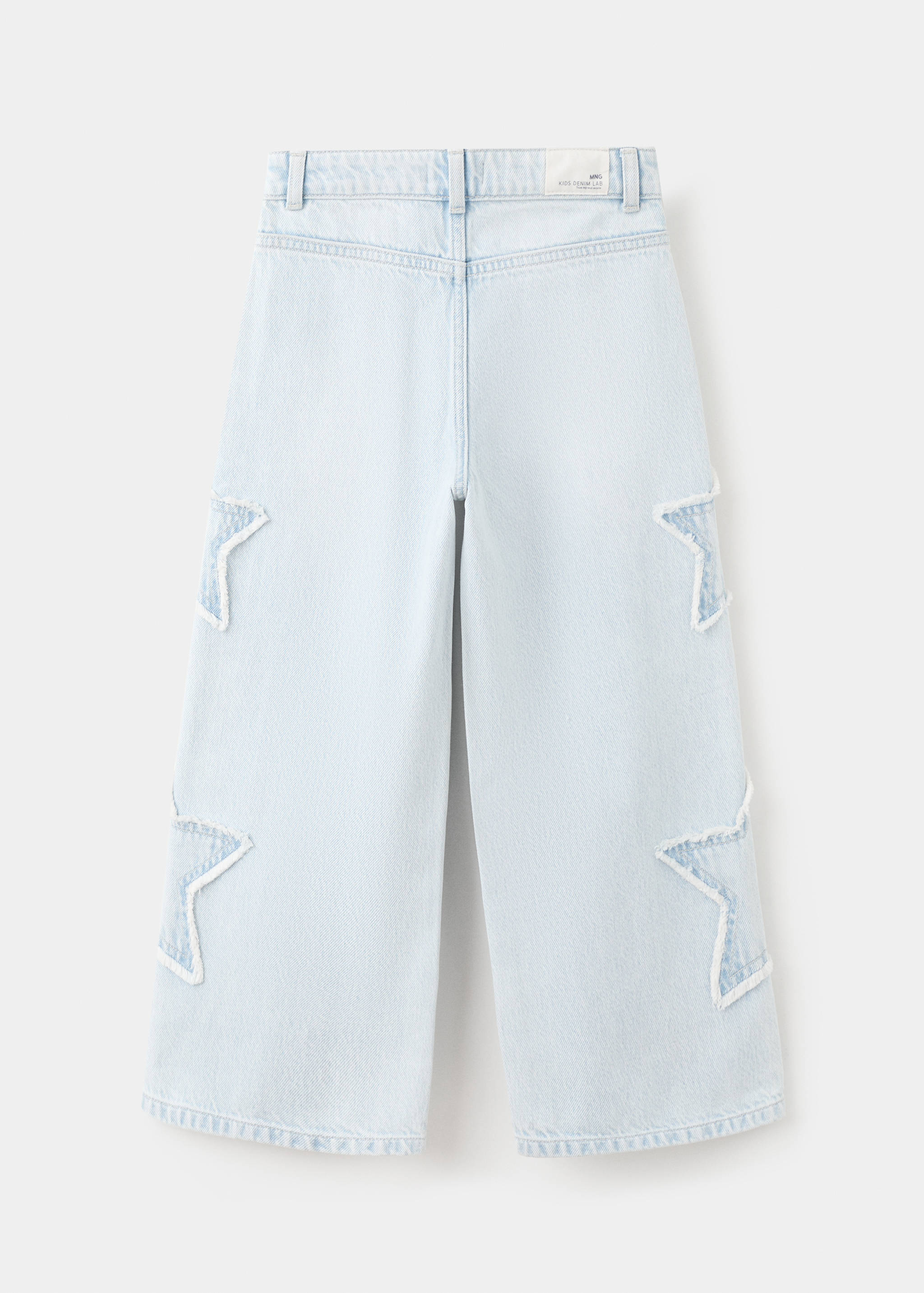 Back view of light blue denim trousers with frayed star appliques.