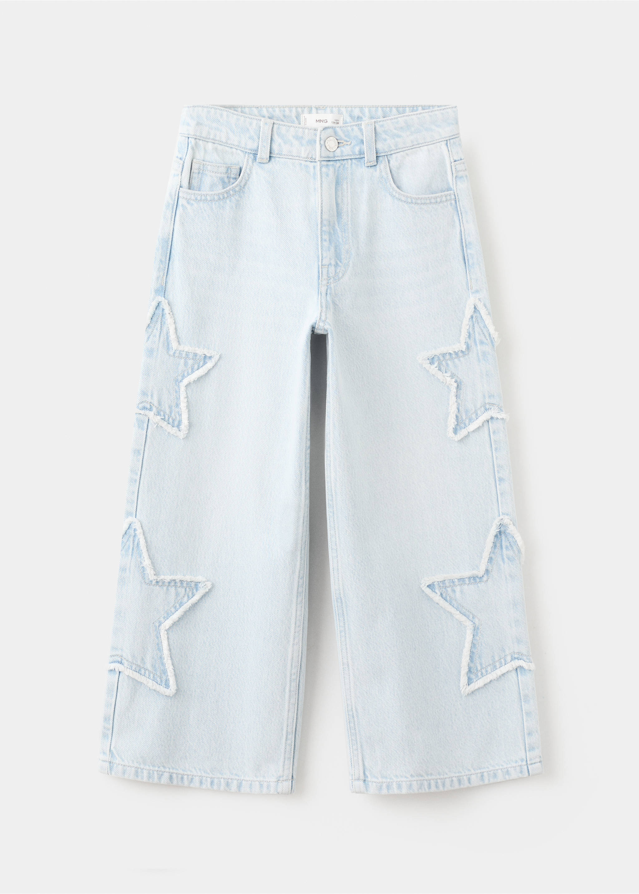 Light blue denim trousers with frayed star appliqués., Light Blue. Ref: 27011264-00.