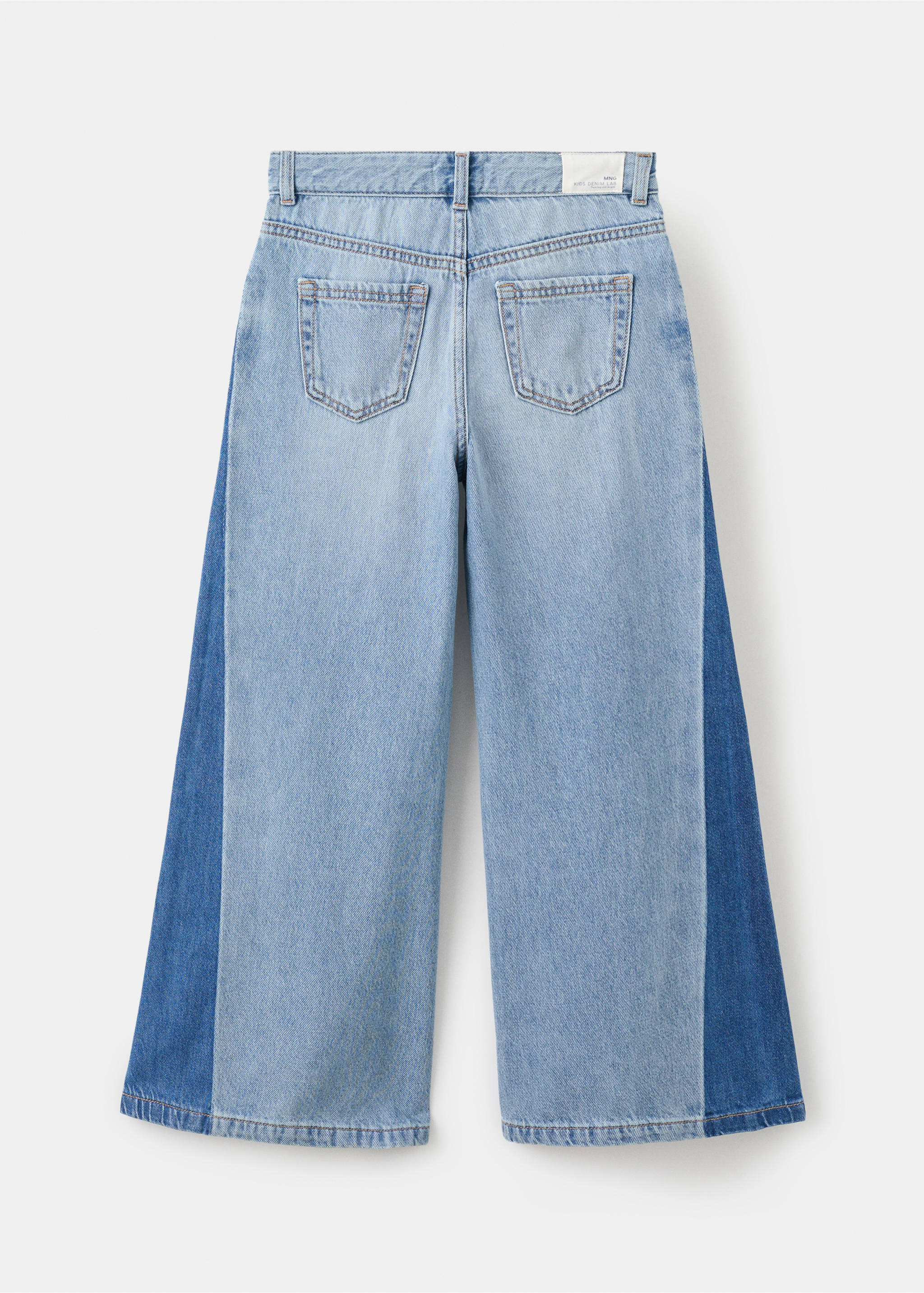 Light blue children's denim trousers with wide legs, dark contrast side panels, and back pockets, back view., Medium Blue. Ref: 27012893-00.