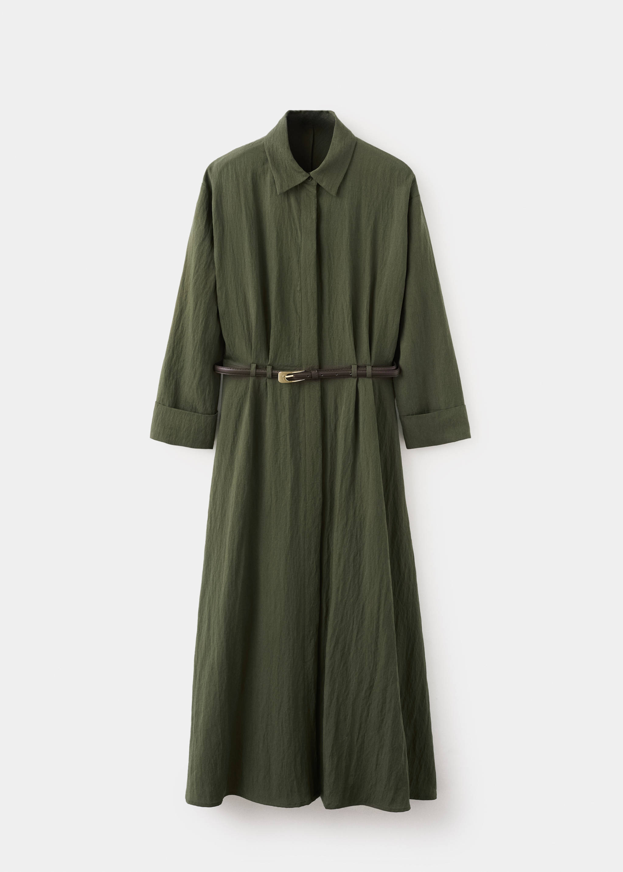 Dark green midi shirt dress with a slim brown belt and collar.