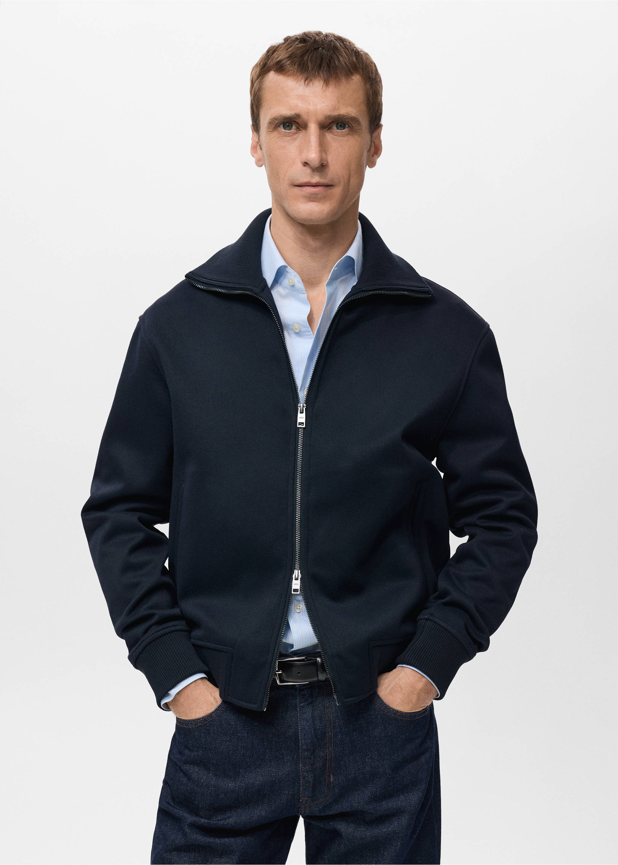 Navy blue zip-up sweatshirt with a high collar and ribbed hems., Navy. Ref: 27021261-00.