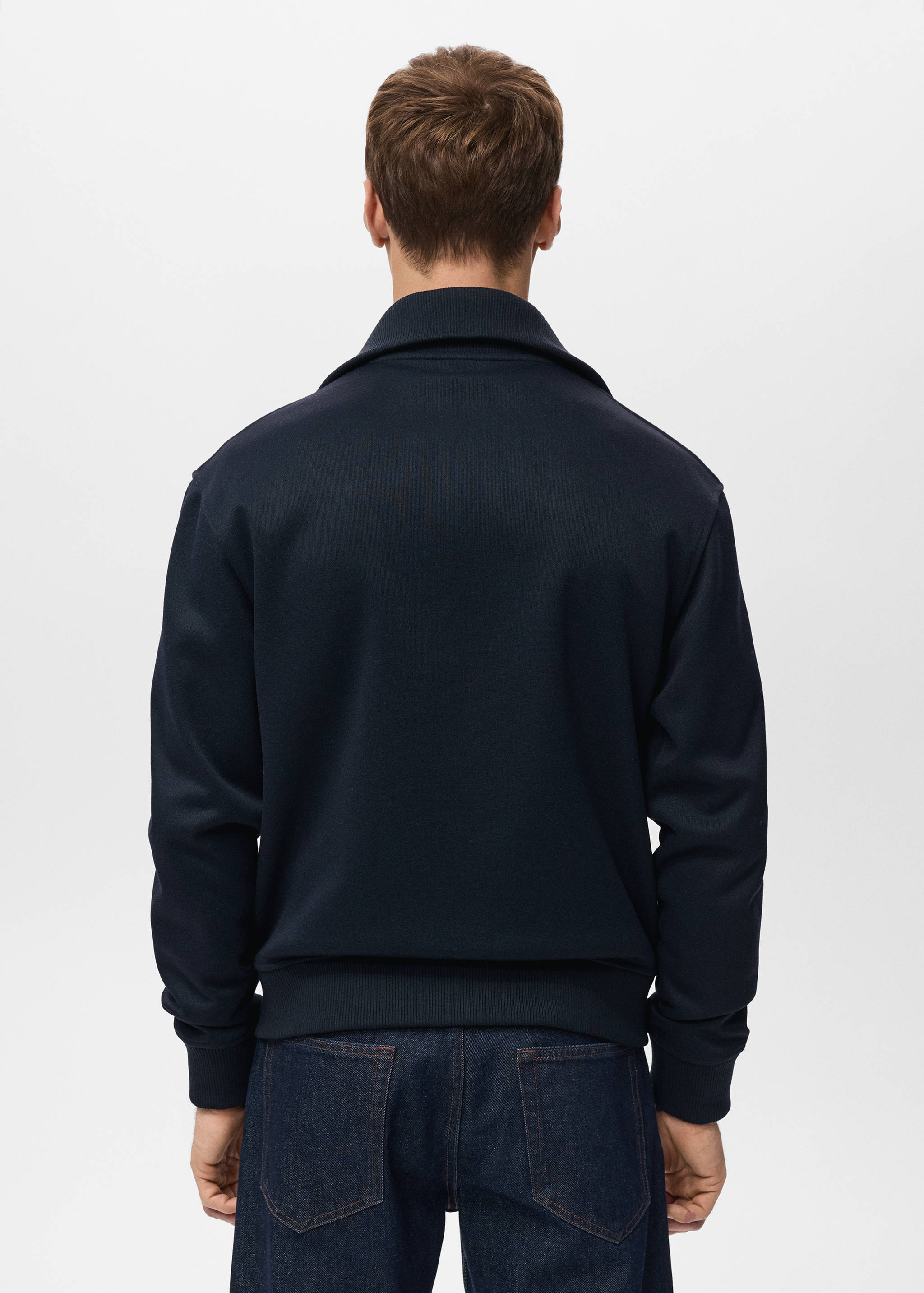 Dark navy blue sweatshirt with a collar, shown from the back.