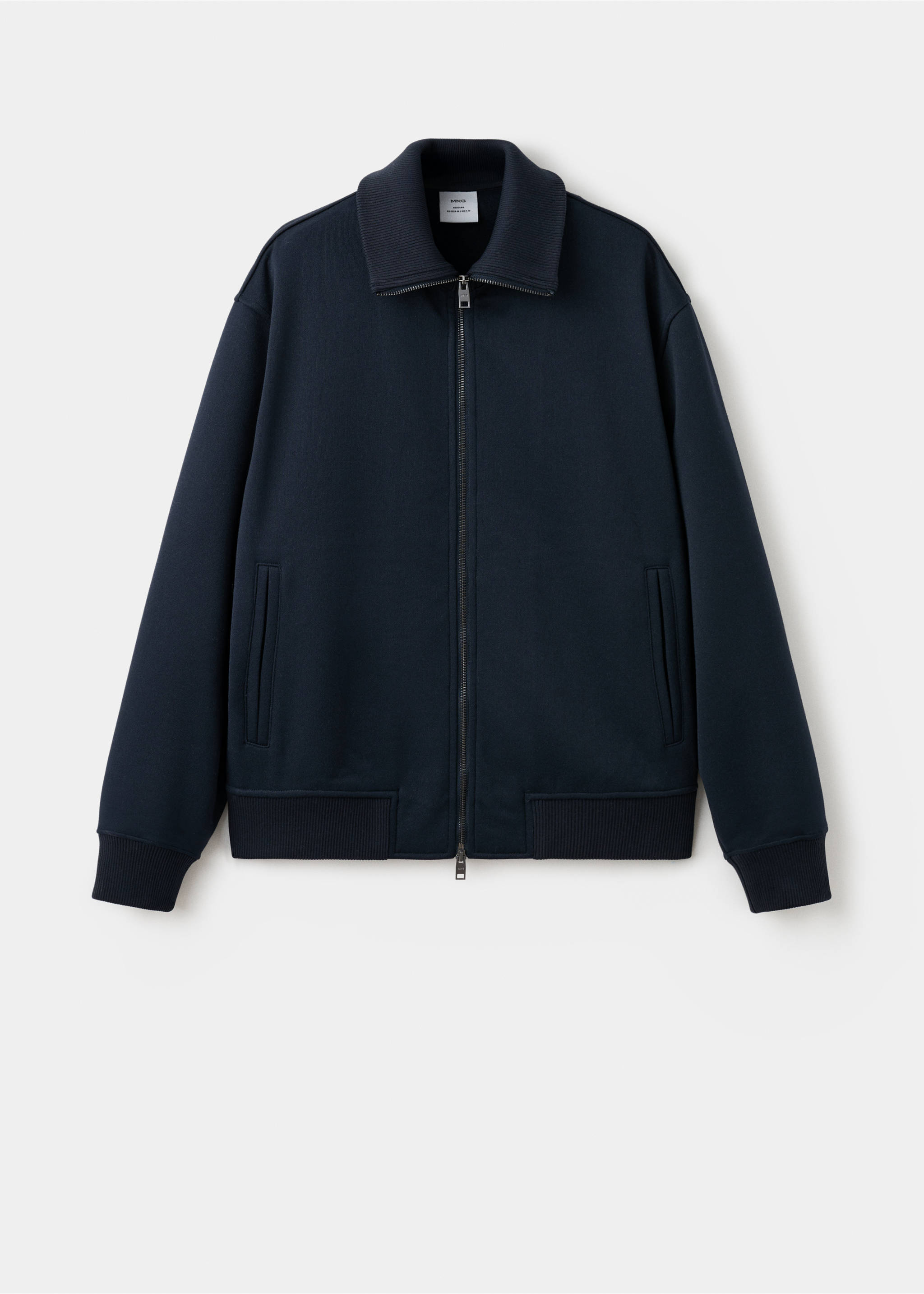 Dark navy zip-up sweatshirt with a high ribbed collar and front pockets., Navy. Ref: 27021261-00.