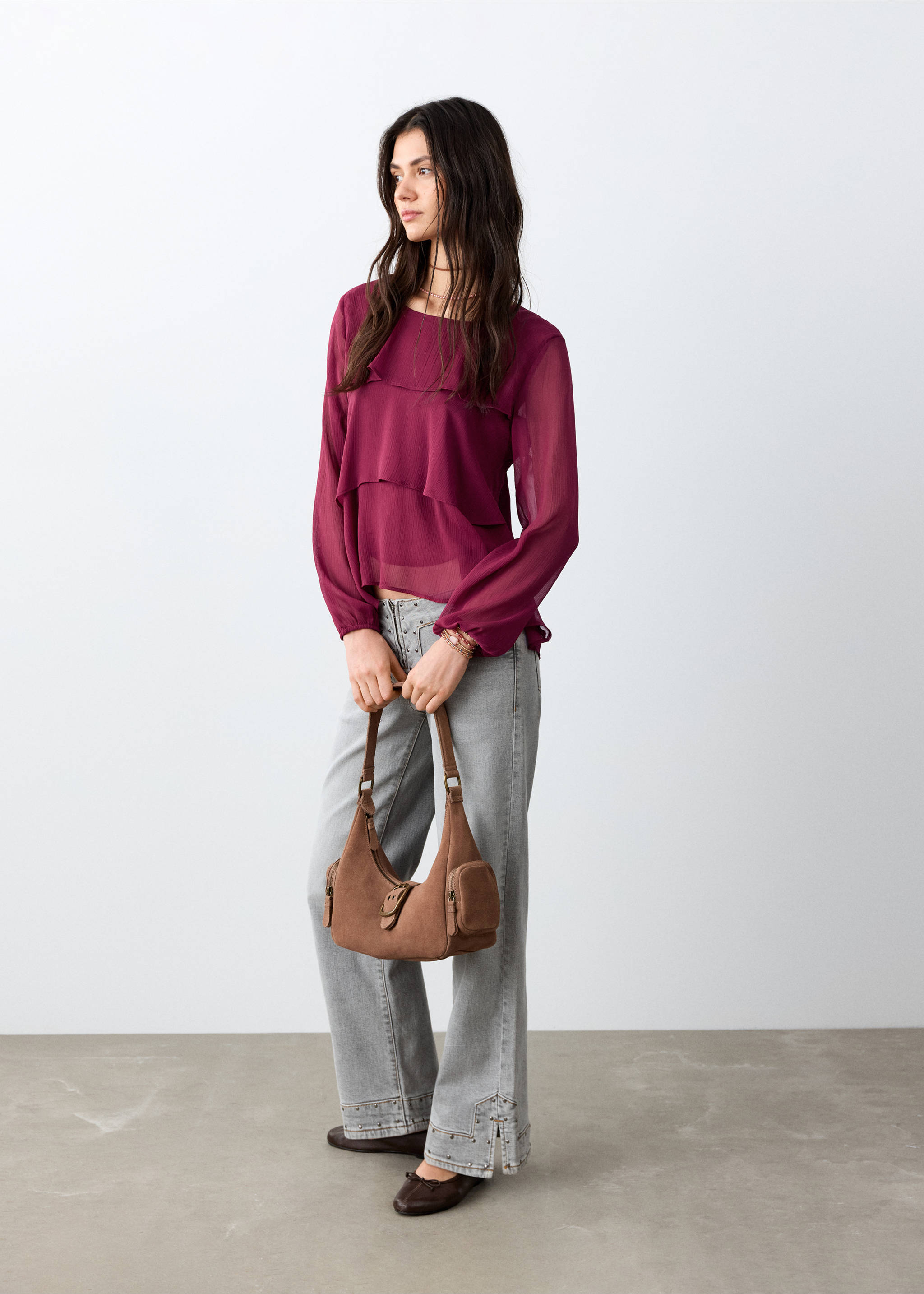 Burgundy sheer long-sleeve blouse with layered ruffles across the chest., Purple. Ref: 27021541-00.