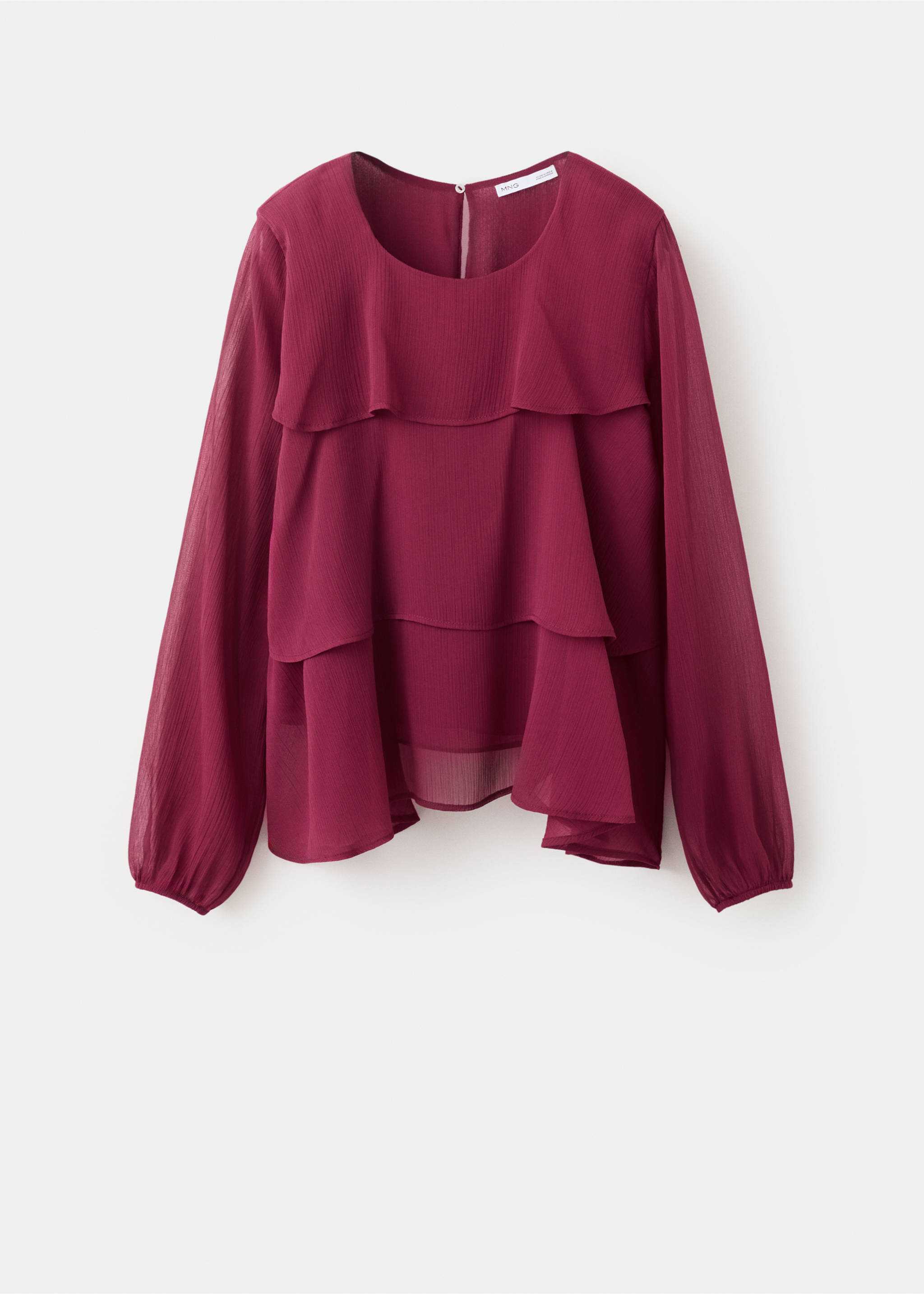 Burgundy ruffled blouse with a rounded neckline and long sheer sleeves., Purple. Ref: 27021541-00.