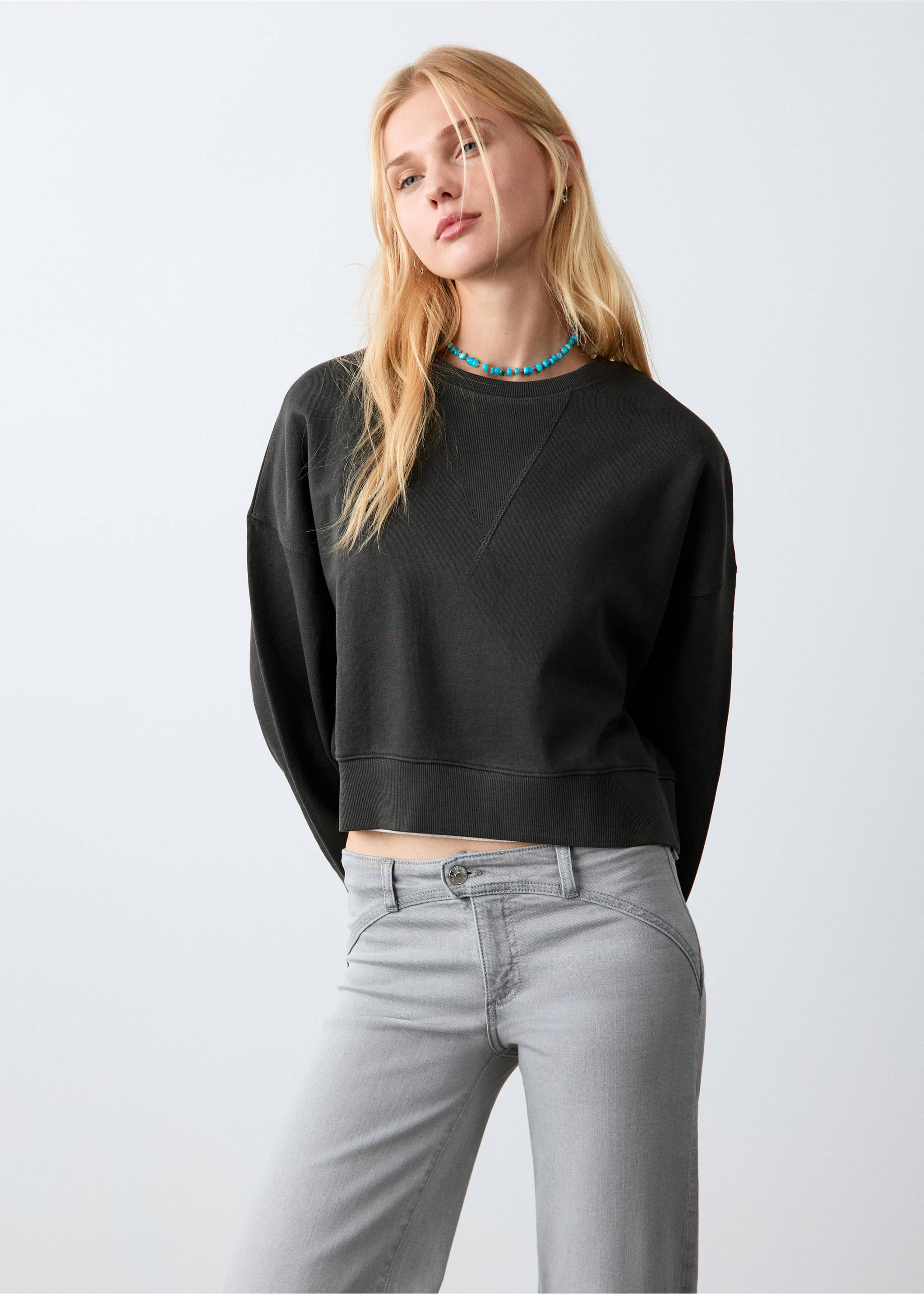 Dessuadora crop cotó - Pla mig, Gris antracita. Ref: 27024418-00.