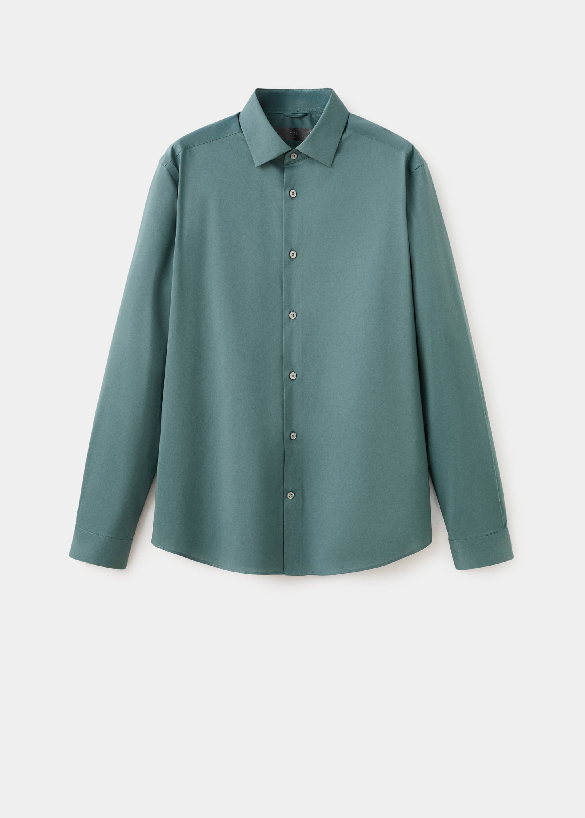 Teal long-sleeved shirt with a pointed collar and button fastening.