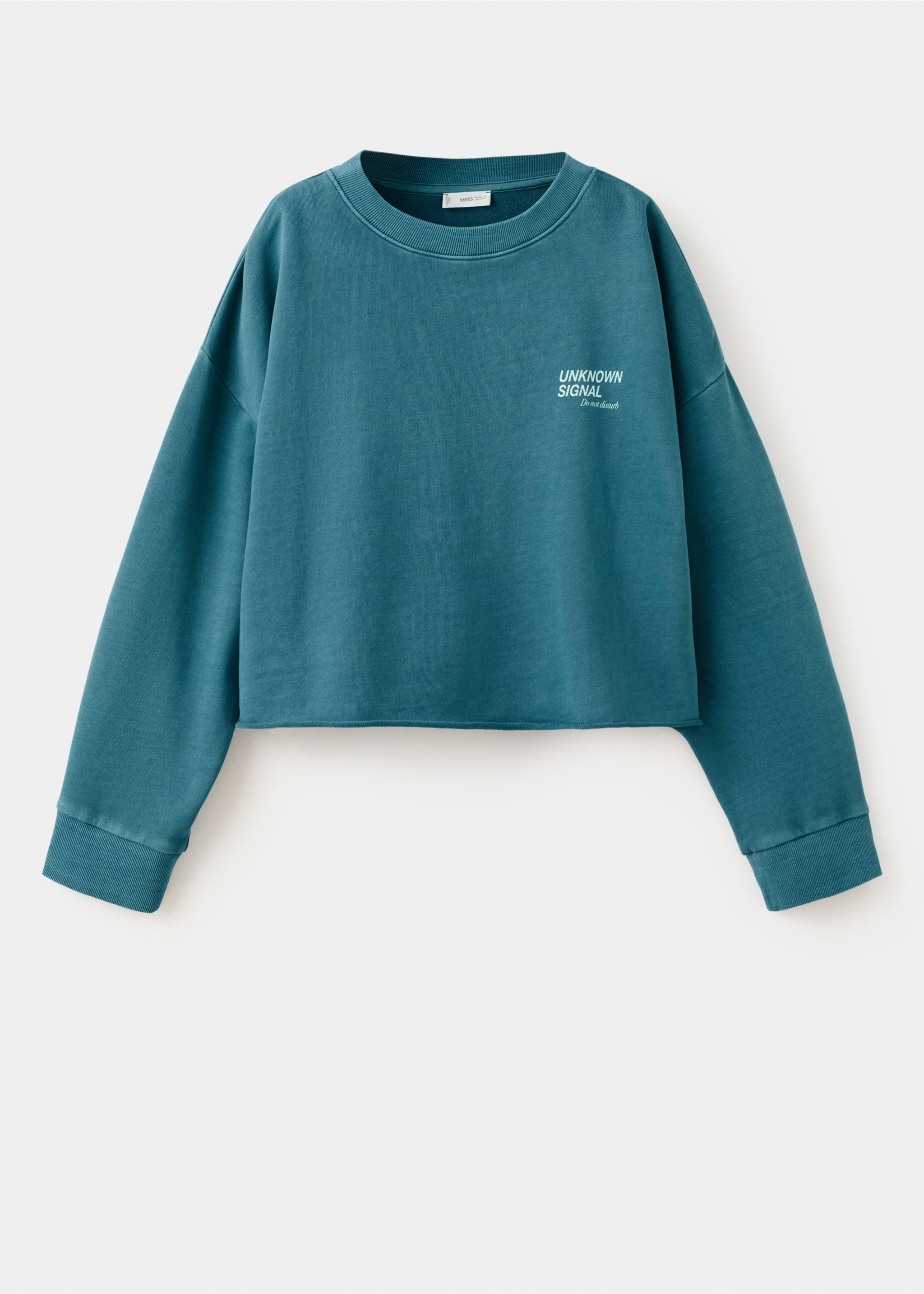 Teal crew-neck sweatshirt with dropped shoulders and white chest text., Petrol Blue. Ref: 27024778-00.