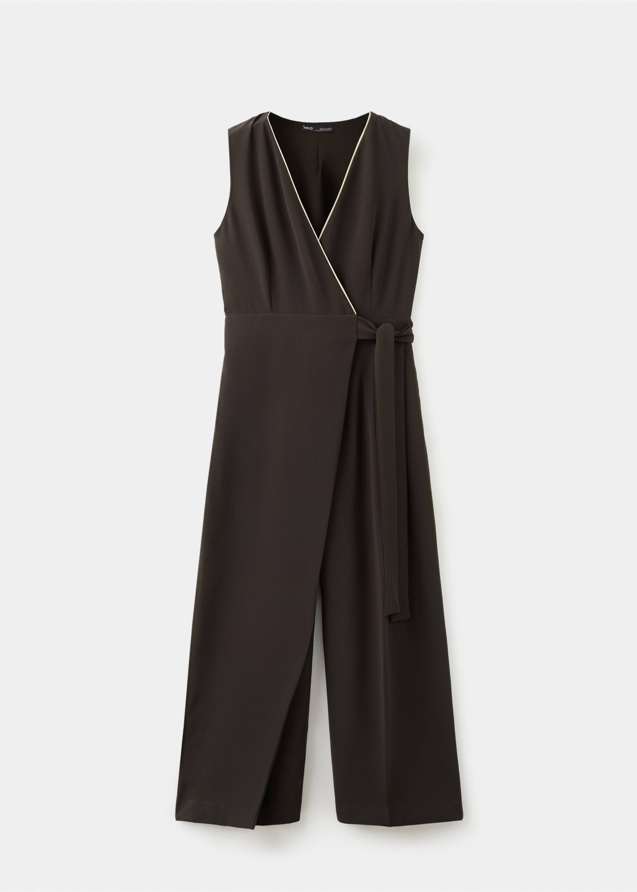 Dark brown sleeveless wrap jumpsuit with a tie belt and contrast trim., Chocolate. Ref: 27025834-00.