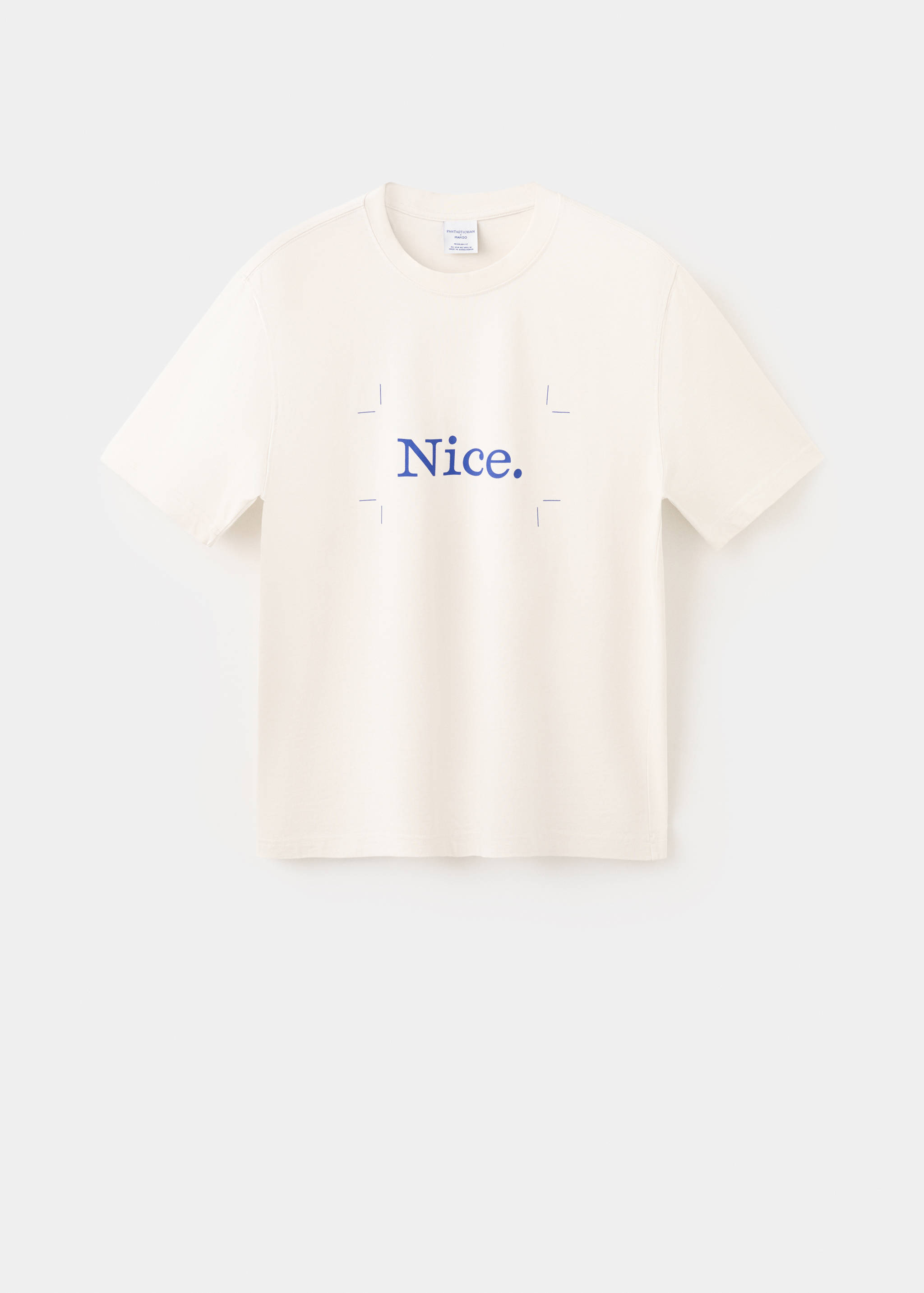 Off-white short-sleeved t-shirt with a blue graphic on the chest.