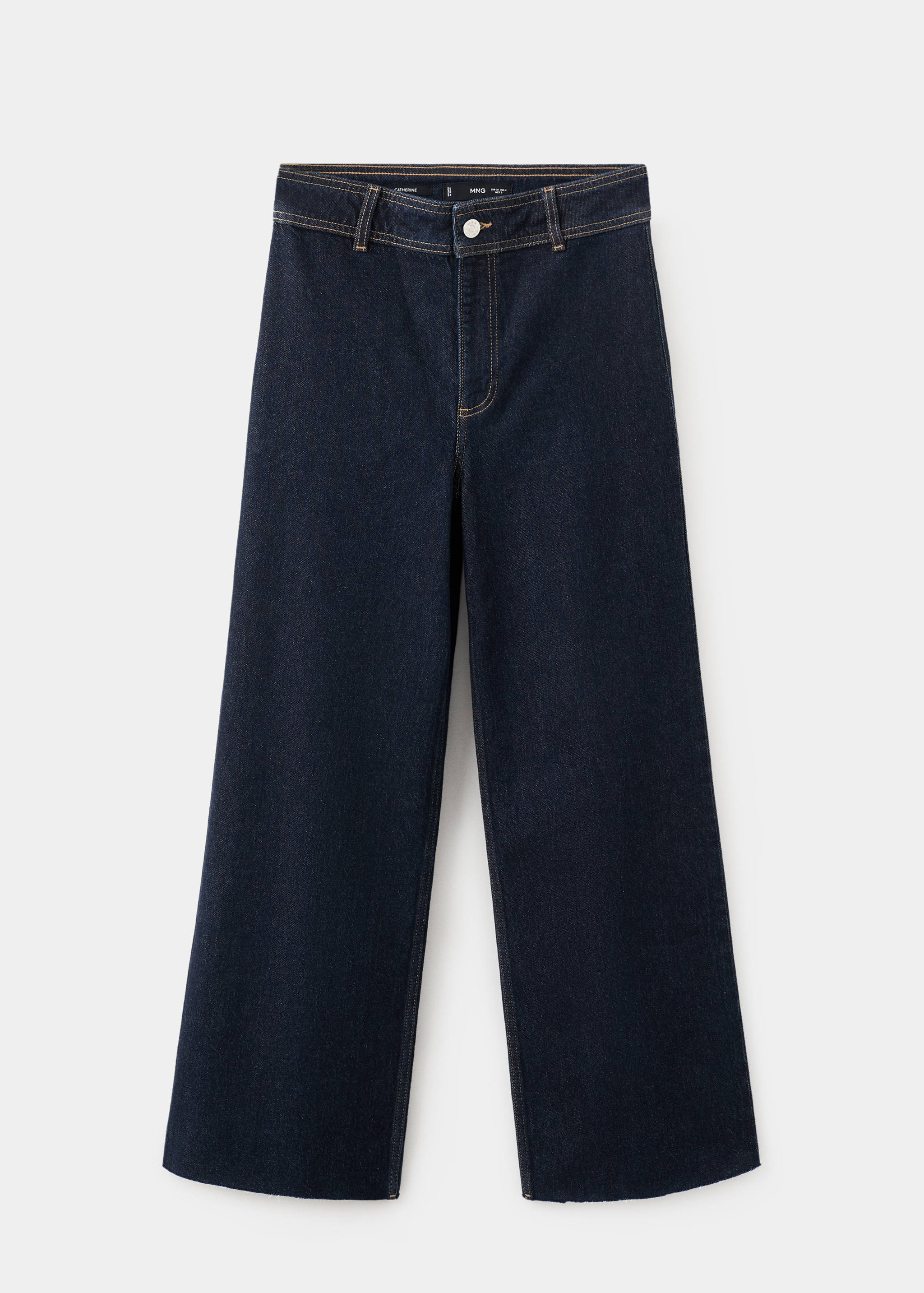 Dark blue high-waisted wide-leg denim trousers with contrast stitching.