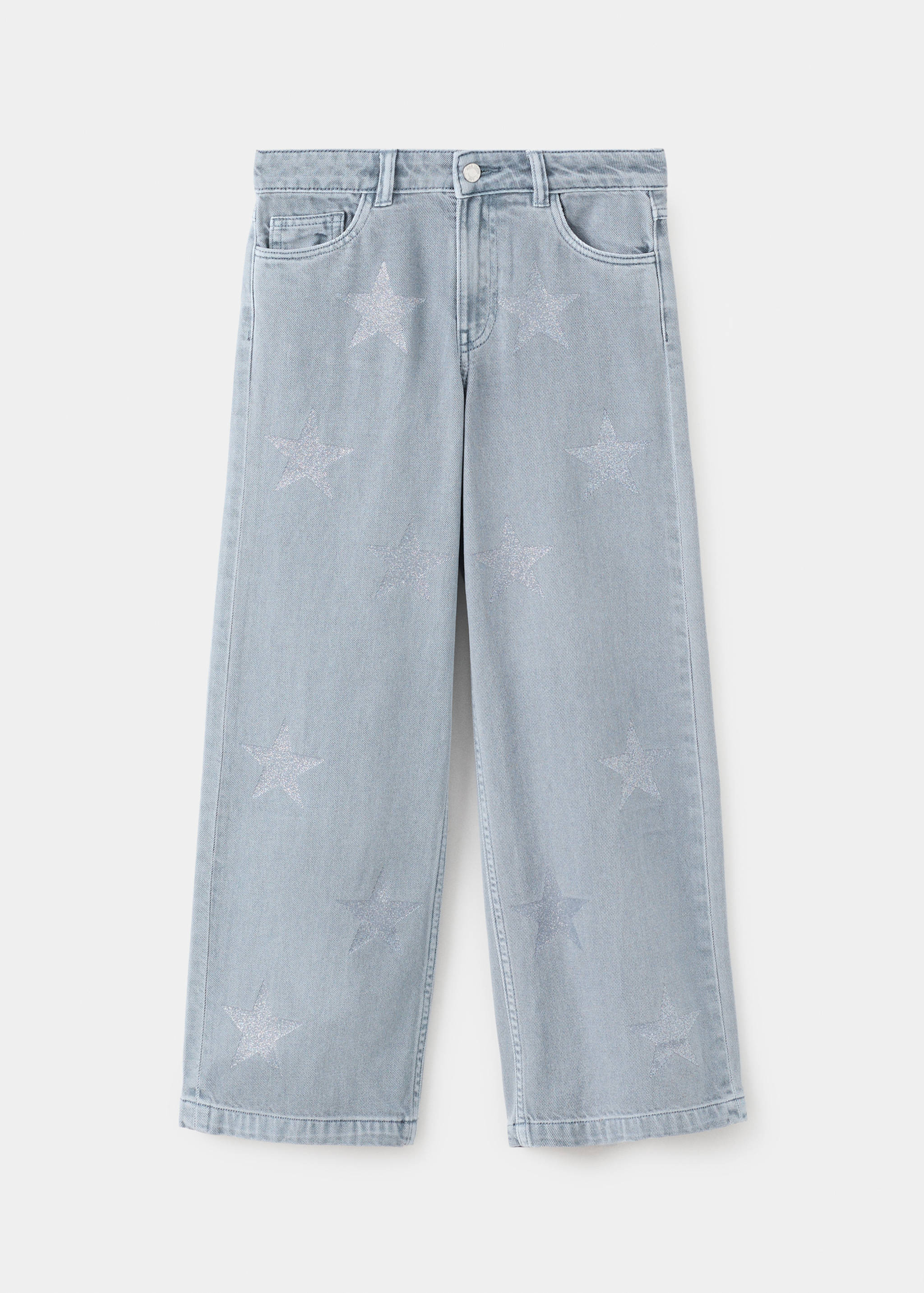 Light blue denim trousers with shimmering glitter star print.