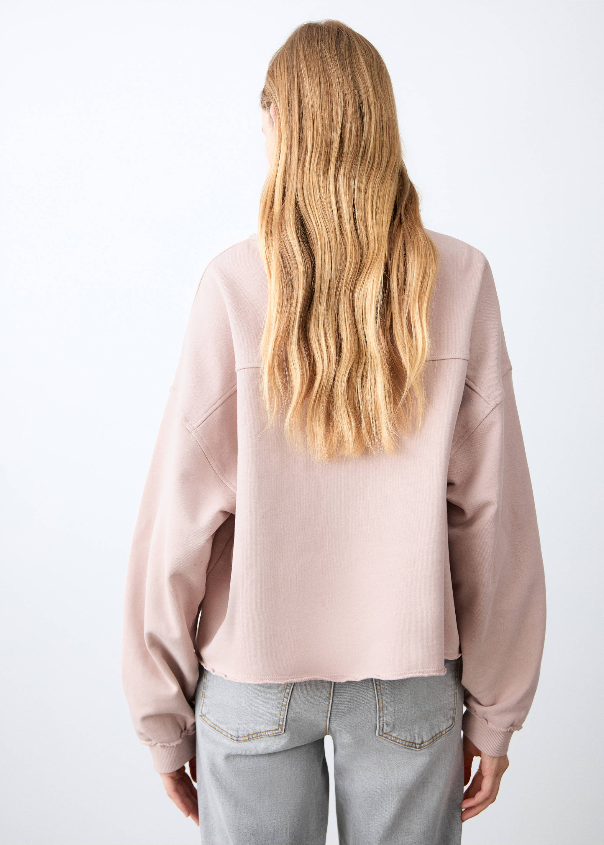 Pink relaxed-fit sweatshirt with raw-edge hem, back view., Pink. Ref: 27031517-00.